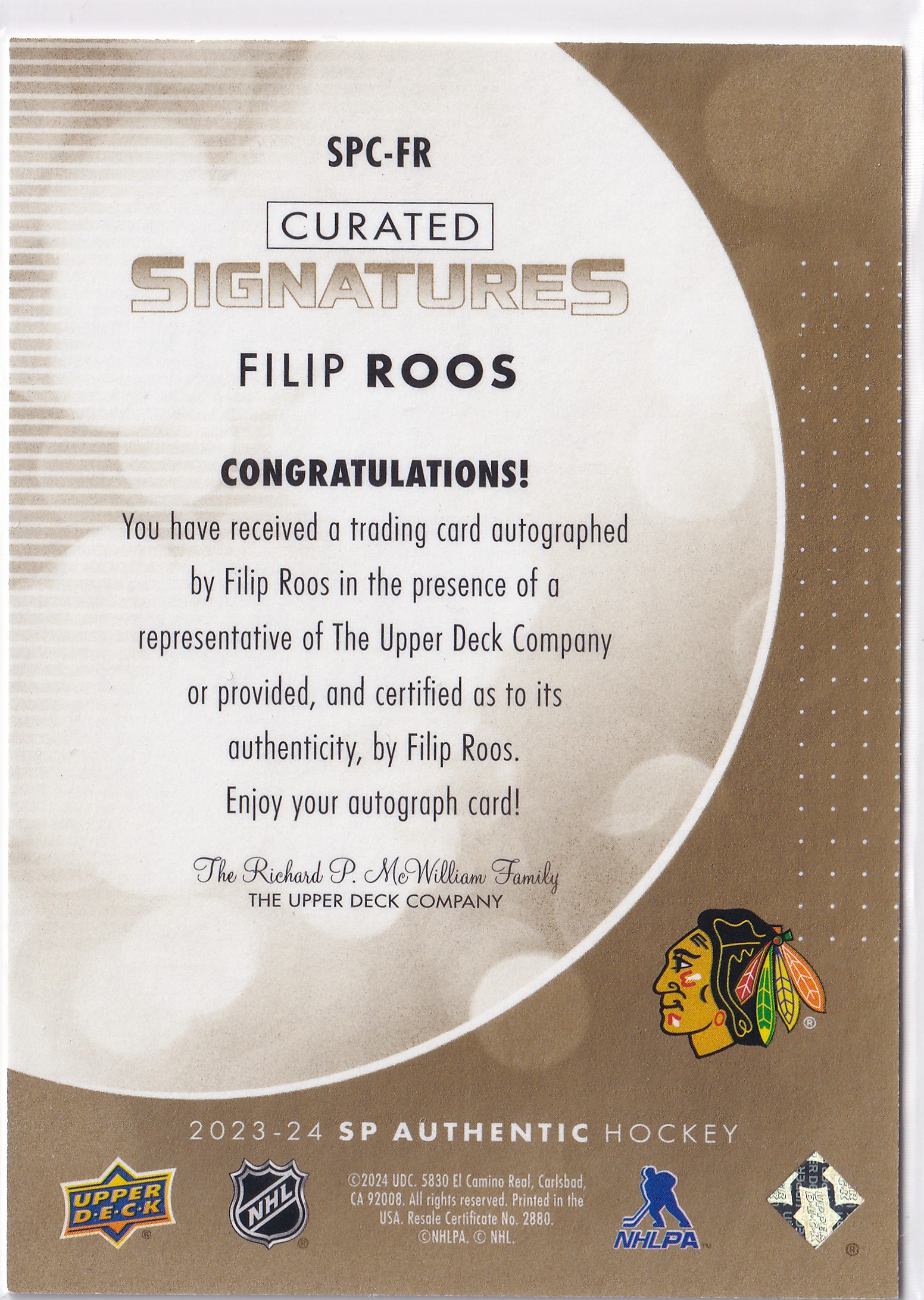 Filip Roos 2023-24 SP Authentic Curated Signatures Auto #SPC-FR /299