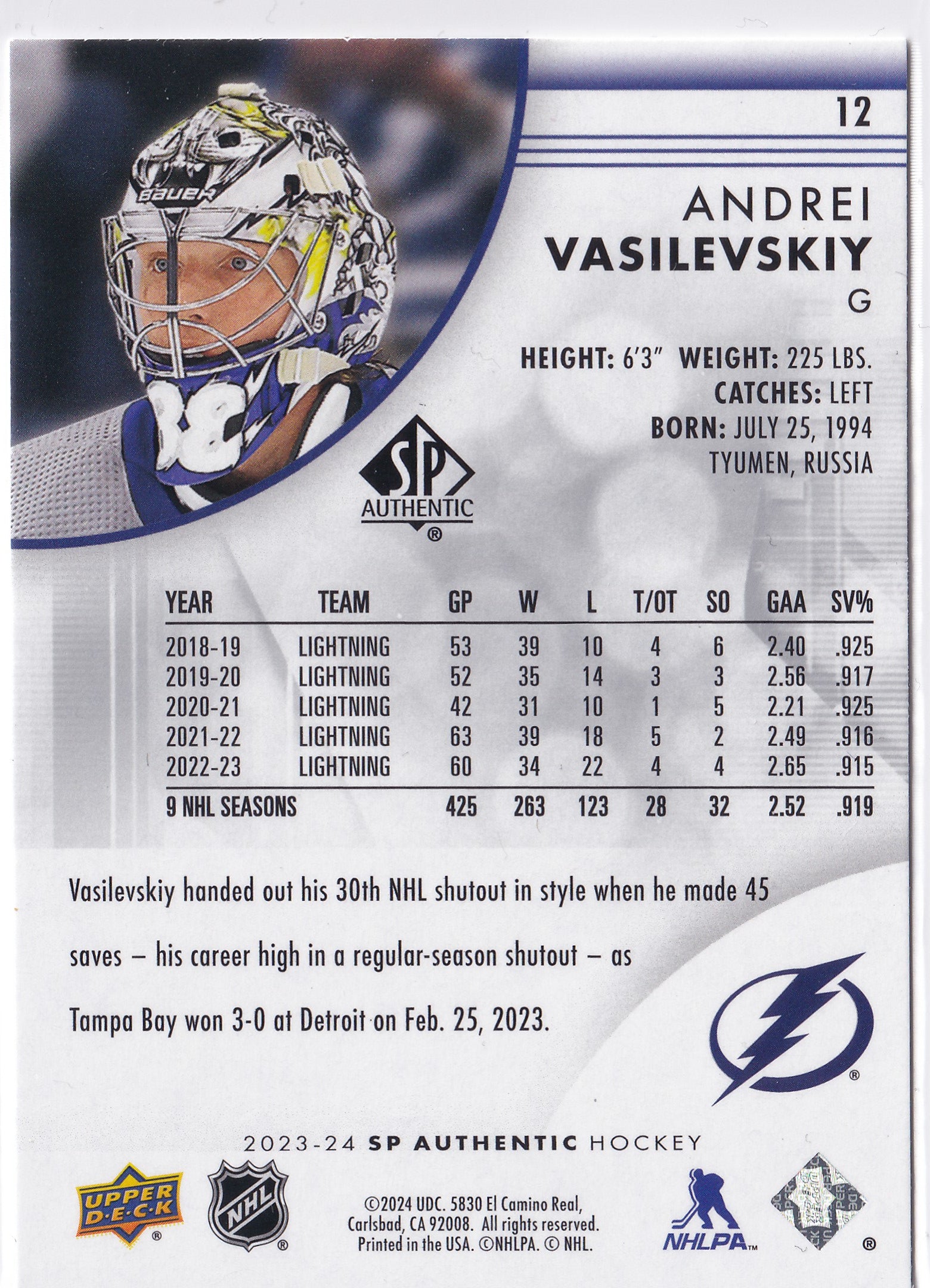 Andrei Vasilevskiy 2023-24 SP Authentic #12 Tampa Bay Lightning