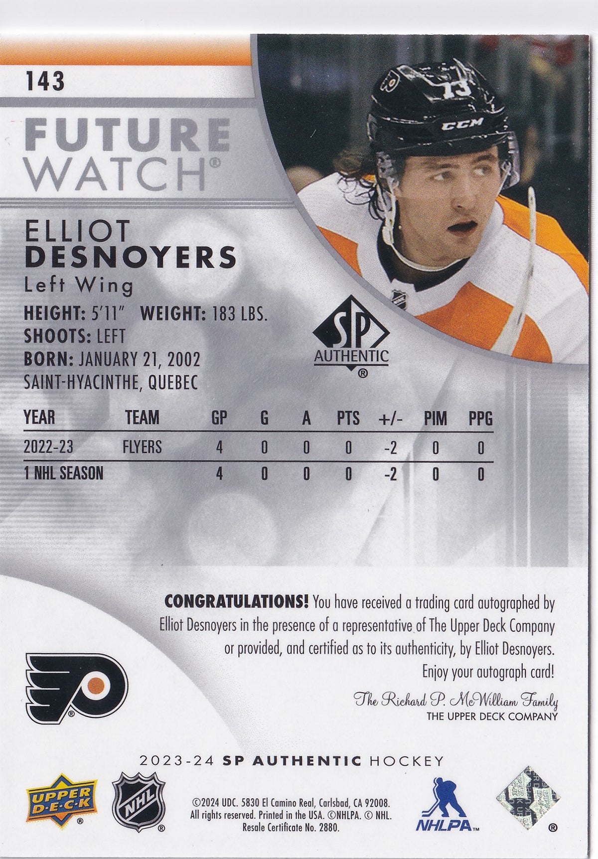 Elliot Desnoyers 2023-24 SP Authentic Future Watch Auto #143 /999