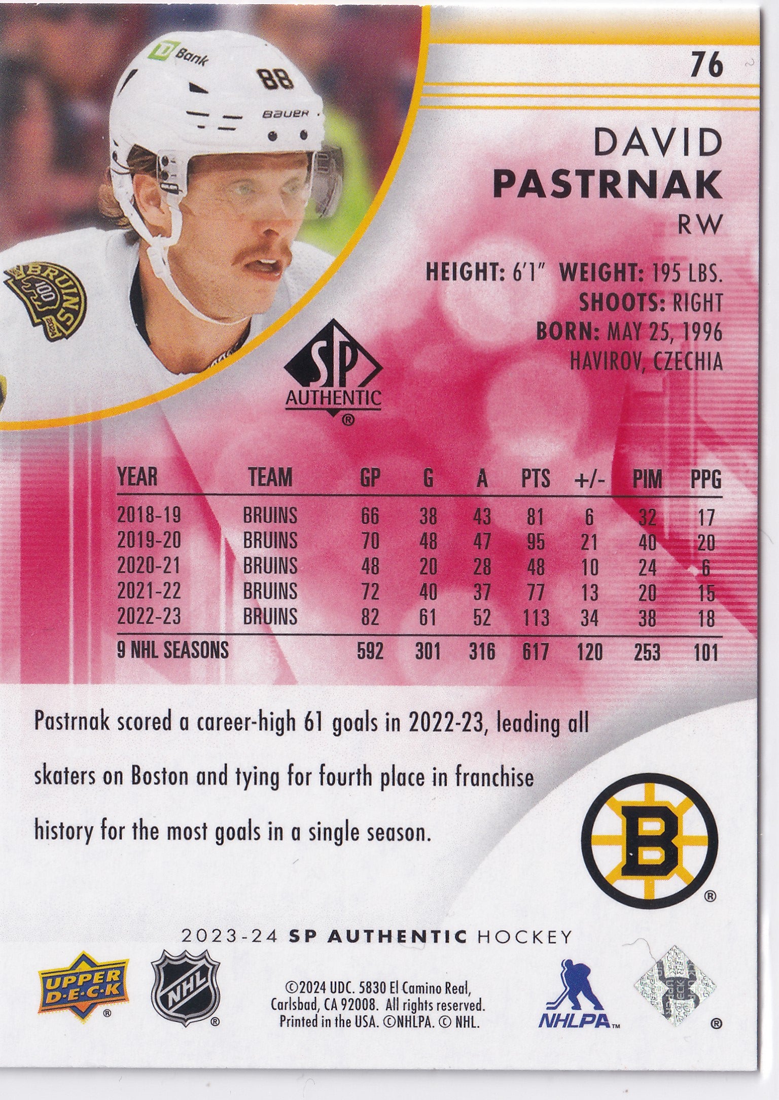 David Pastrňák 2023-24 SP Authentic #76 Limited Red Boston Bruins