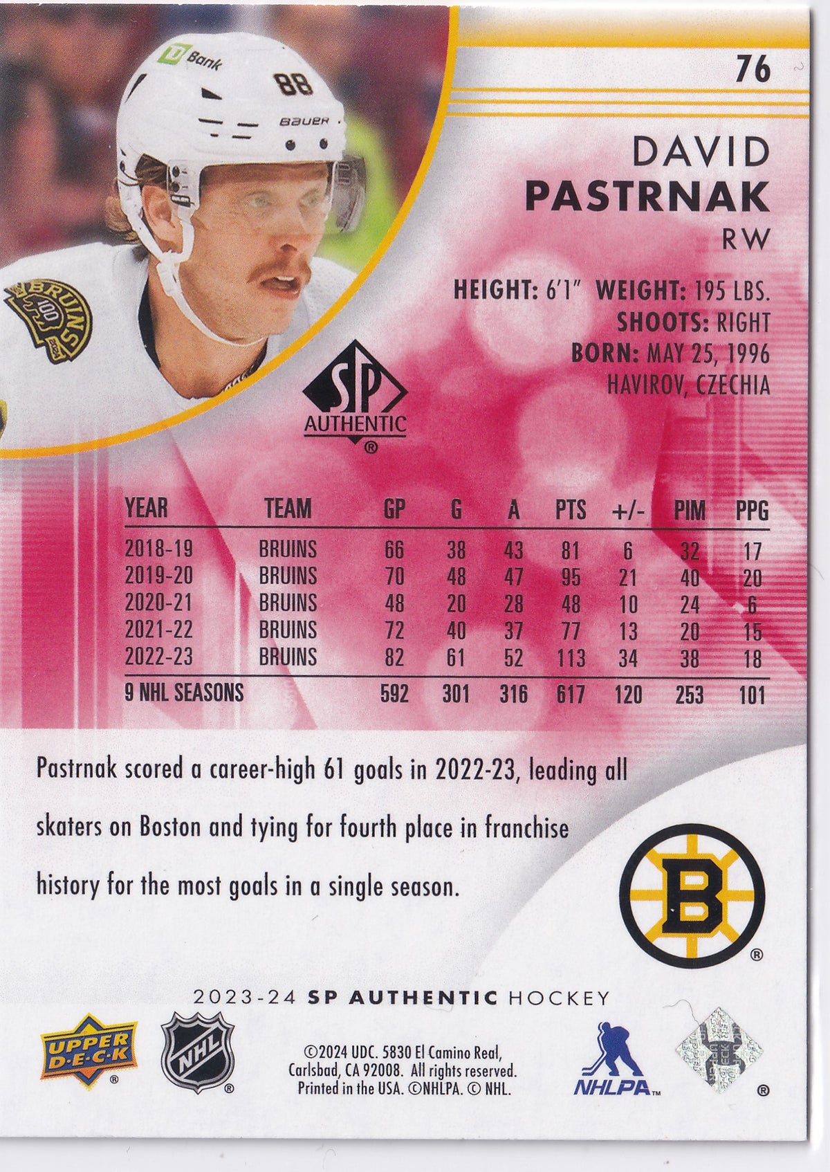 David Pastrňák 2023-24 SP Authentic #76 Limited Red Boston Bruins