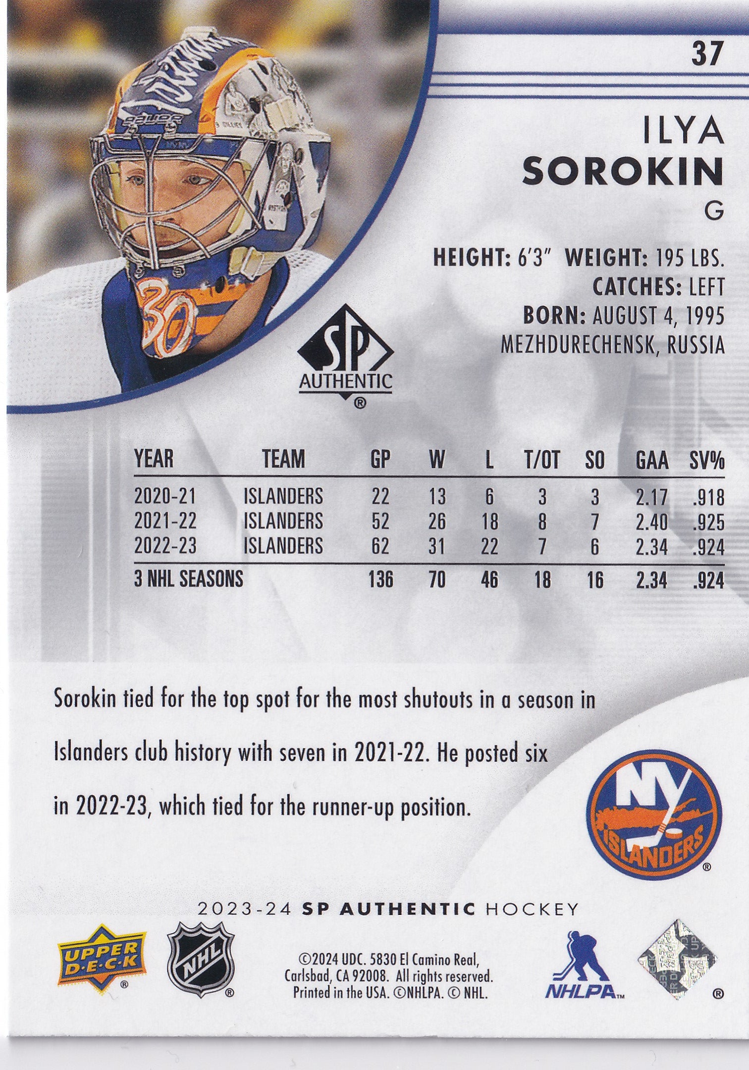 Ilya Sorokin 2023-24 SP Authentic #37 New York Islanders