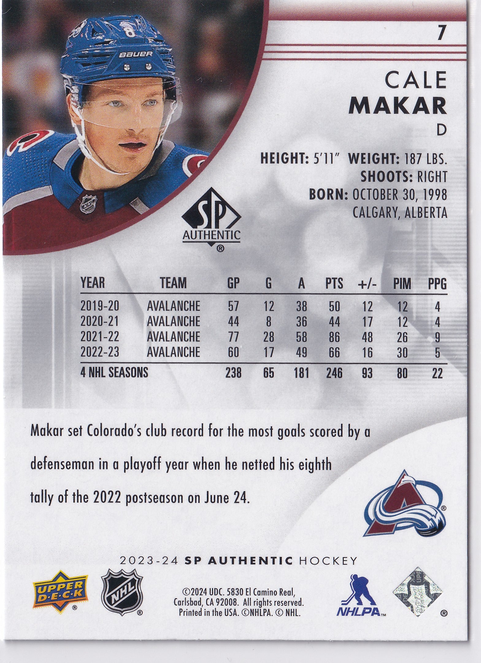 Cale Makar 2023-24 SP Authentic #7 Colorado Avalanche