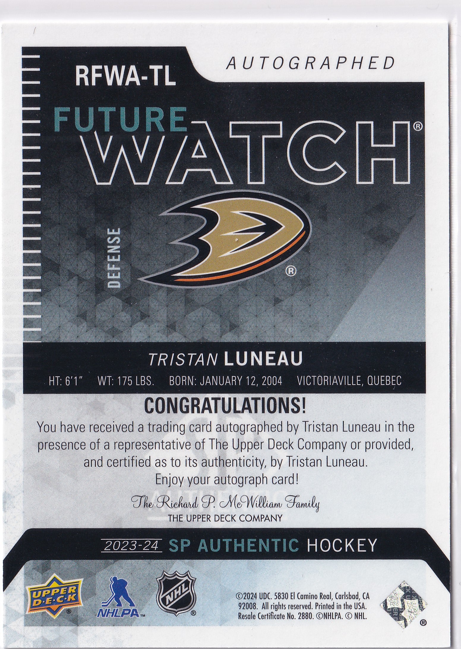 Tristan Luneau 2023-24 SP Authentic Retro Future Watch Auto #RFWA-TL /699