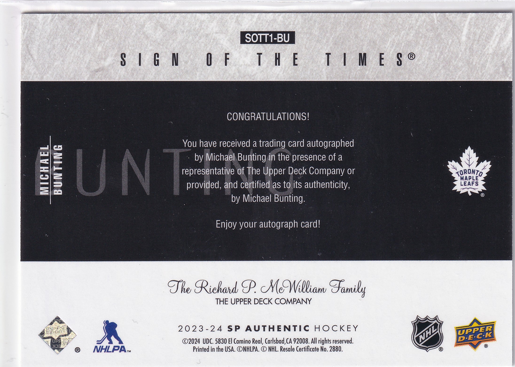 Michael Bunting 2023-24 SP Authentic Sign of the Times Auto SOTT1-BU