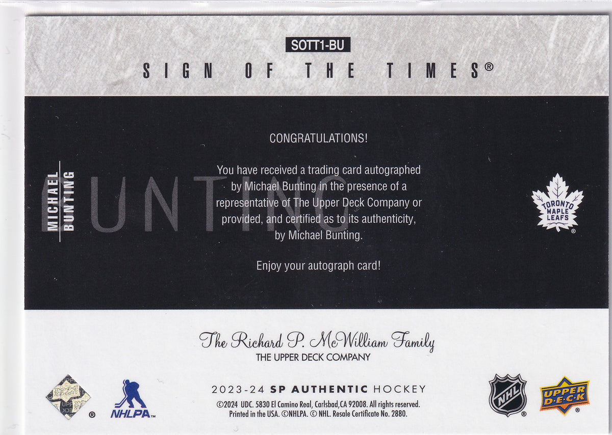Michael Bunting 2023-24 SP Authentic Sign of the Times Auto SOTT1-BU