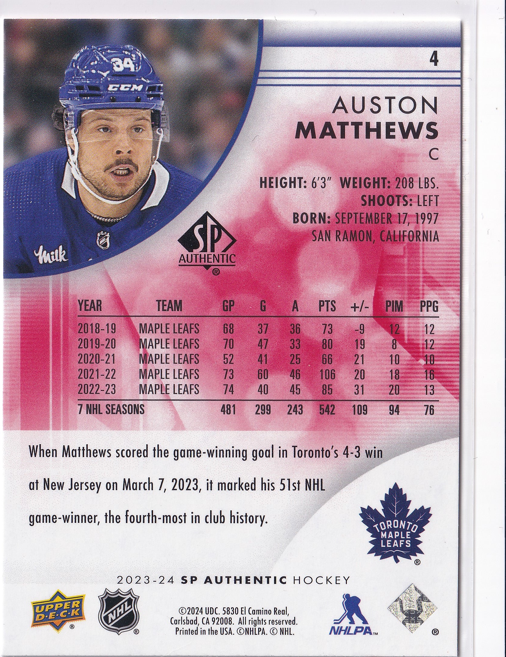 Auston Matthews 2023-24 SP Authentic Limited Red #4 Toronto Maple Leafs