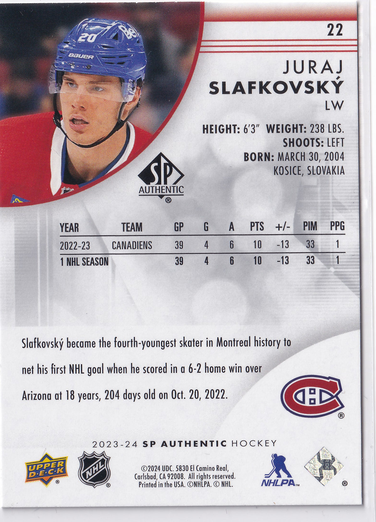 Juraj Slafkovsky 2023-24 SP Authentic #22 Montreal Canadiens