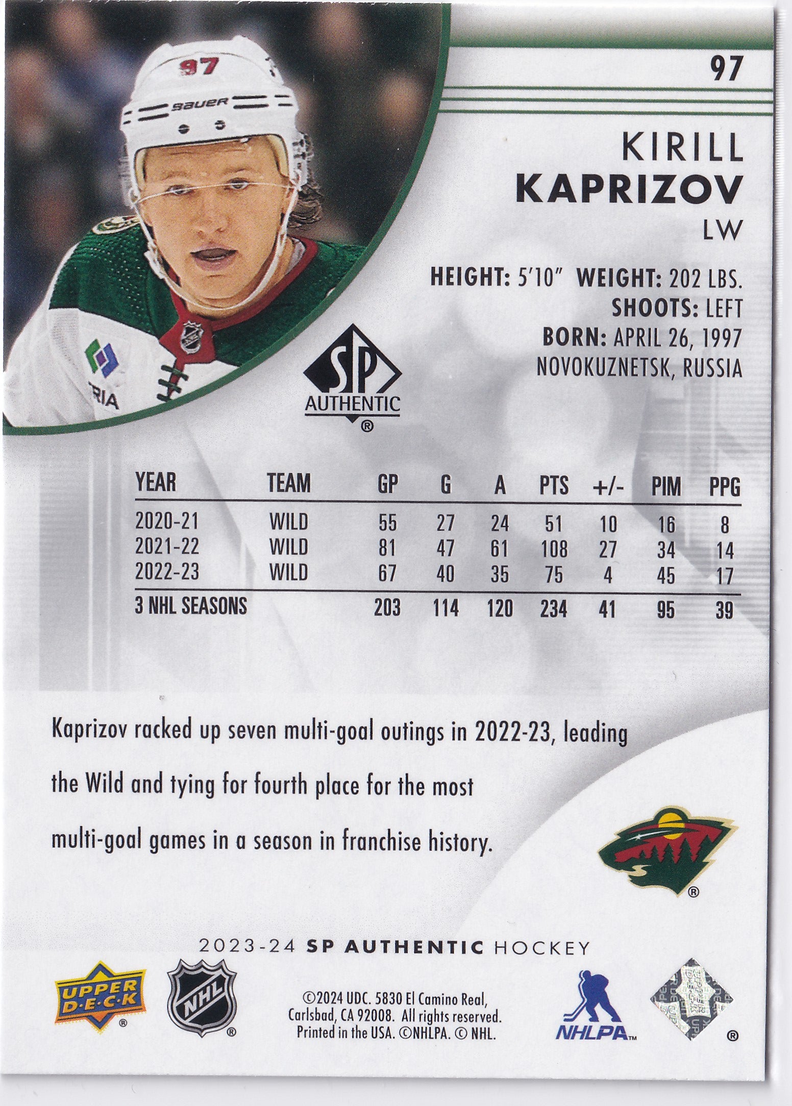 Kirill Kaprizov 2023-24 SP Authentic #97 Minnesota Wild
