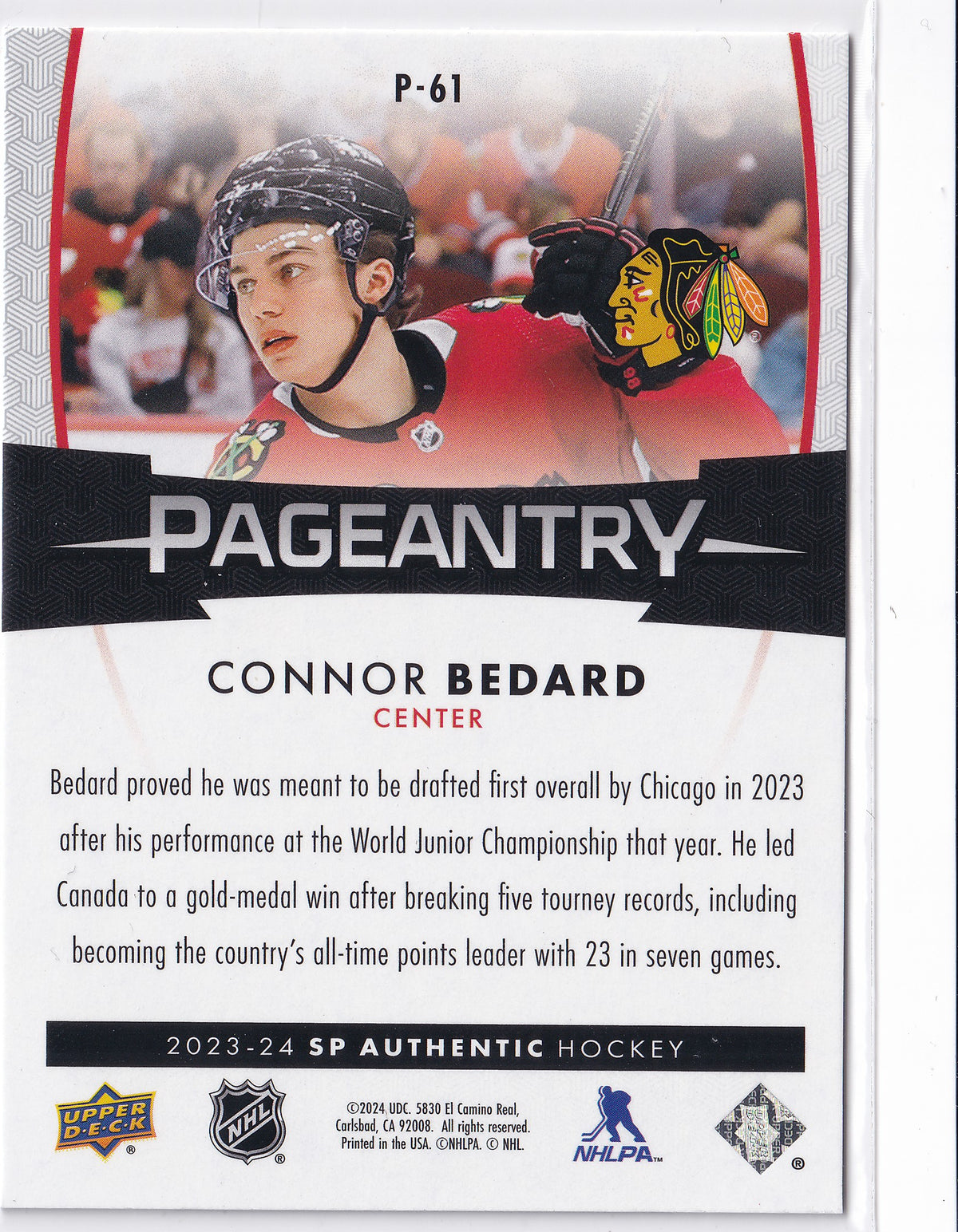 Connor Bedard 2023-24 SP Authentic Pageantry #P-61 Chicago Blackhawks