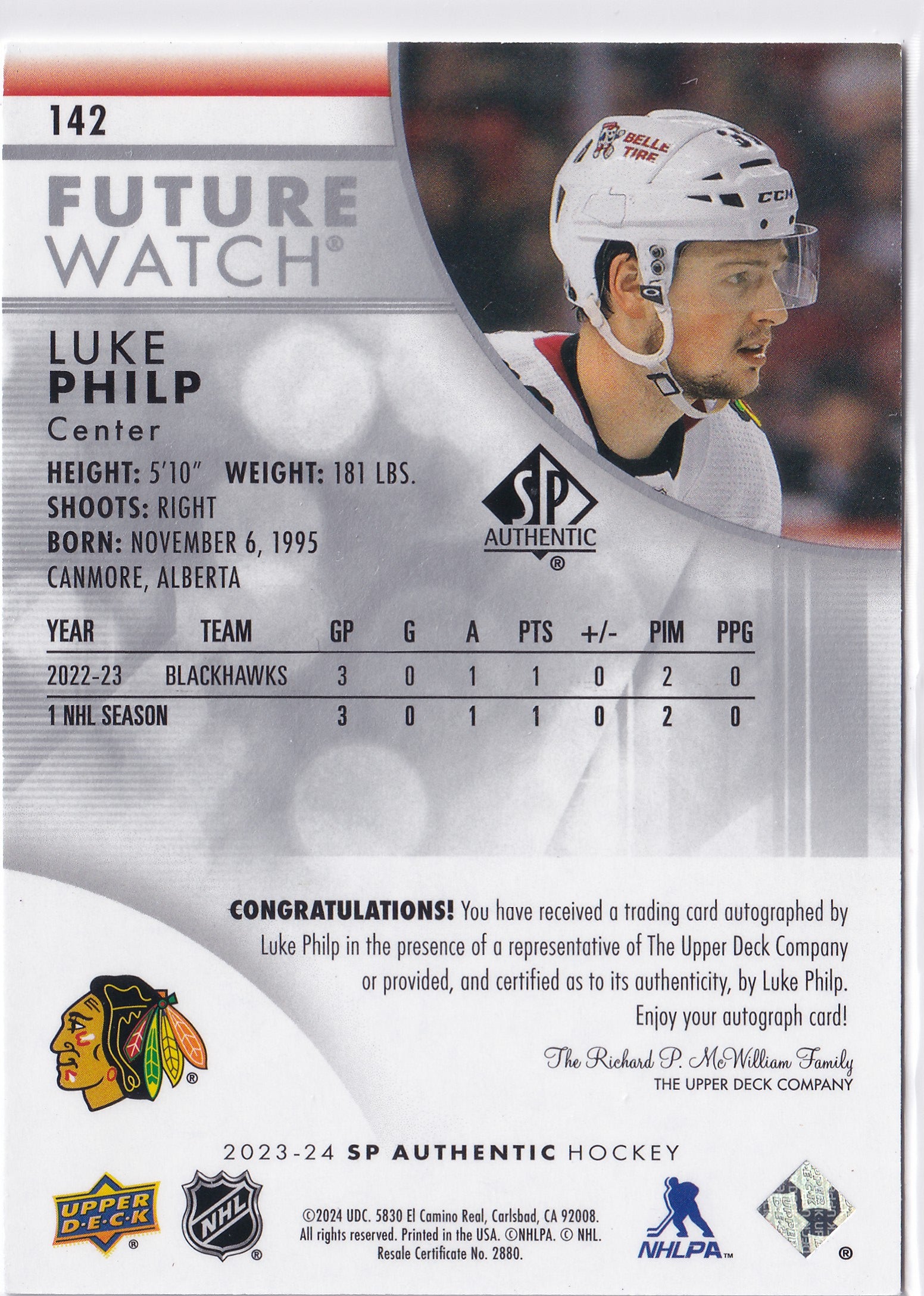 Luke Philp 2023-24 SP Authentic Future Watch Auto RC #142 /999