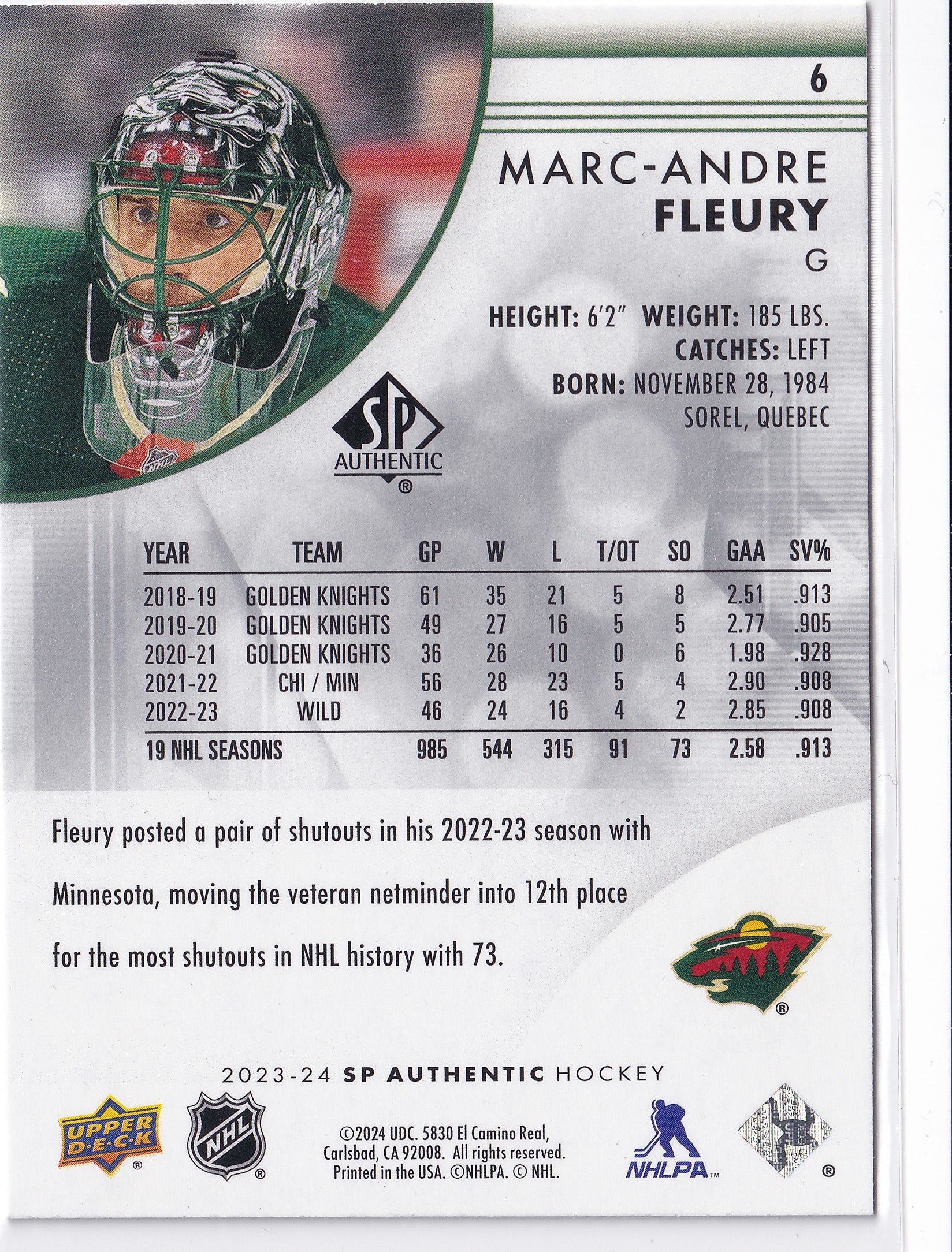 Marc-André Fleury 2023-24 SP Authentic #6 Minnesota Wild
