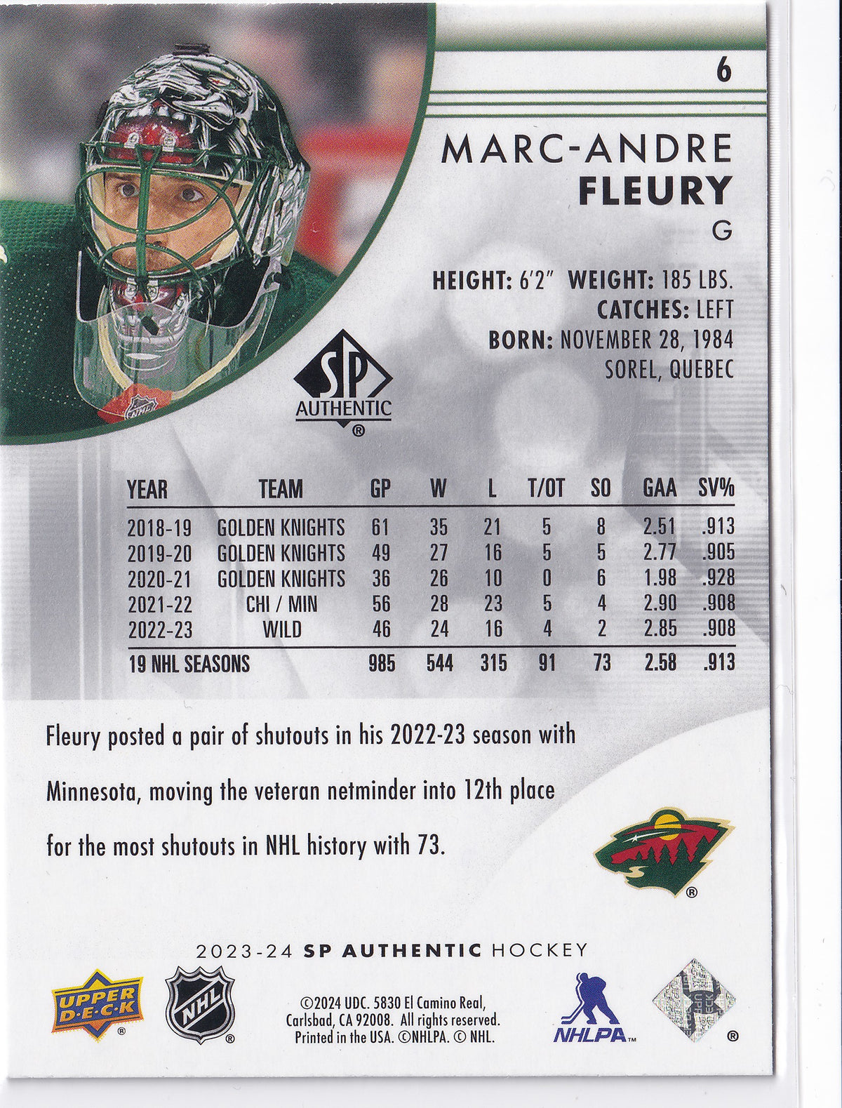 Marc-André Fleury 2023-24 SP Authentic #6 Minnesota Wild