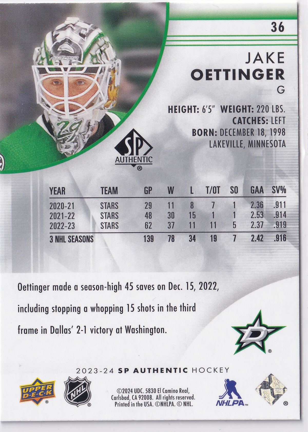Jake Oettinger 2023-24 SP Authentic #36 Dallas Stars
