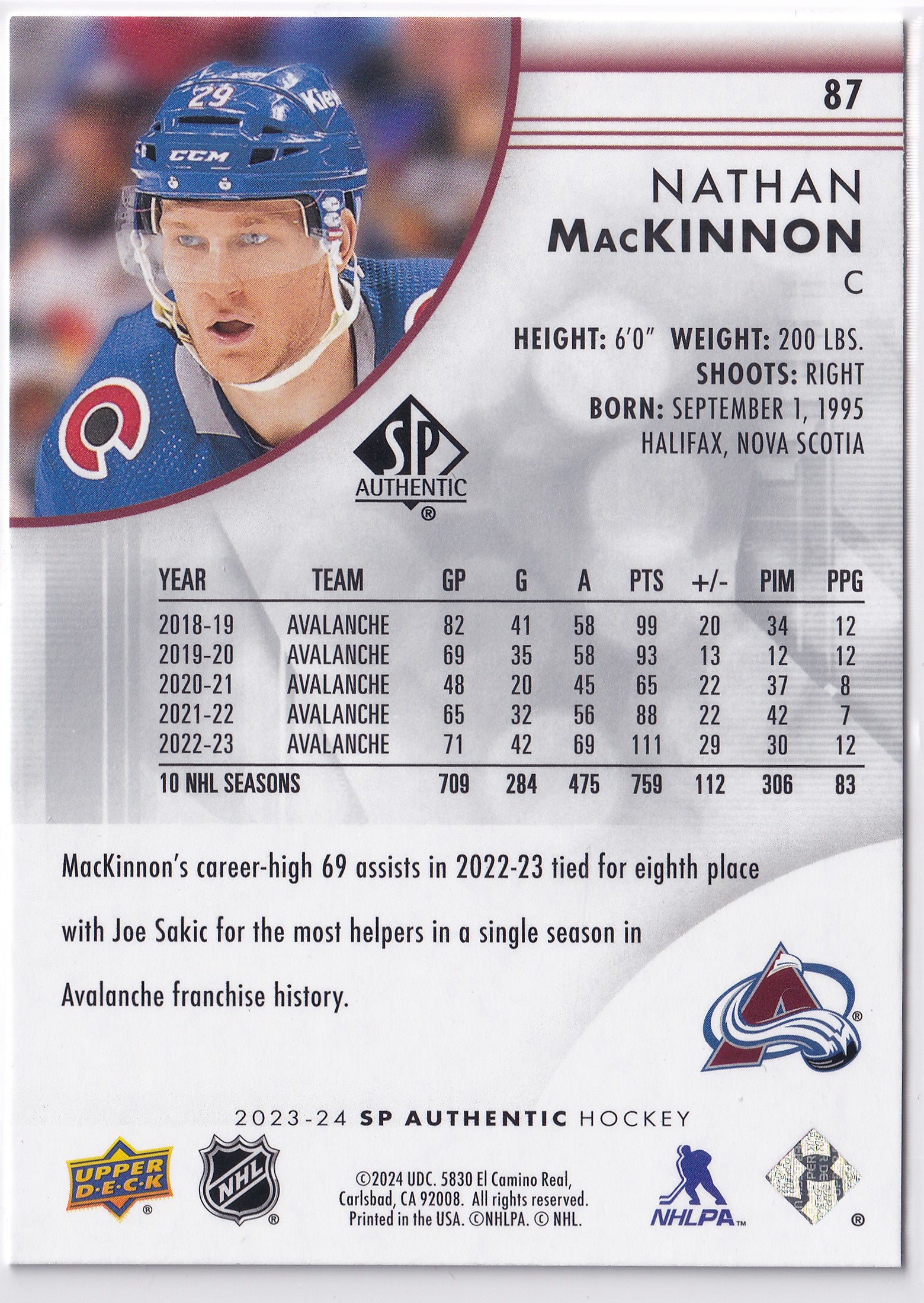 Nathan MacKinnon 2023-24 SP Authentic #87 Colorado Avalanche