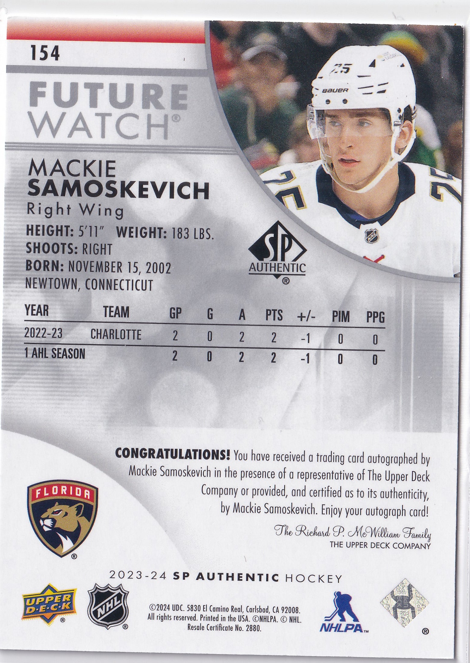 Mackie Samoskevich 2023-24 SP Authentic Future Watch Auto RC #154 /999