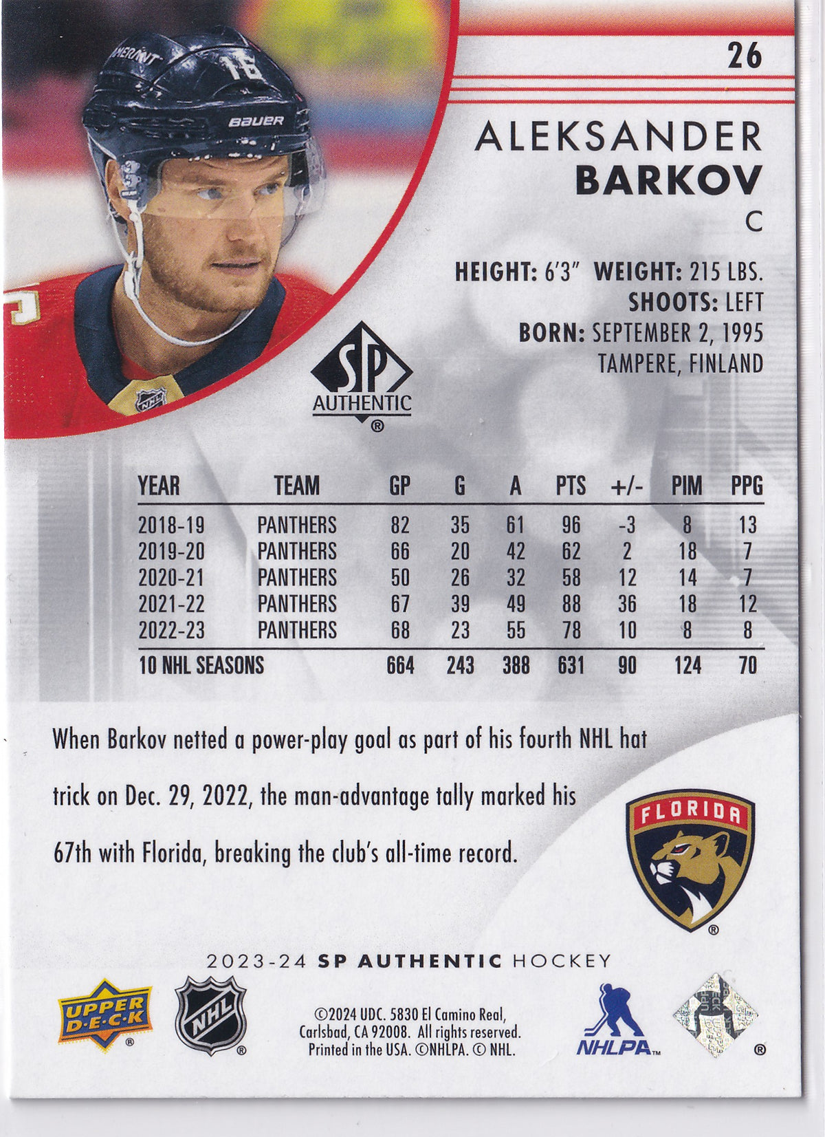 Aleksander Barkov 2023-24 SP Authentic #26 Florida Panthers