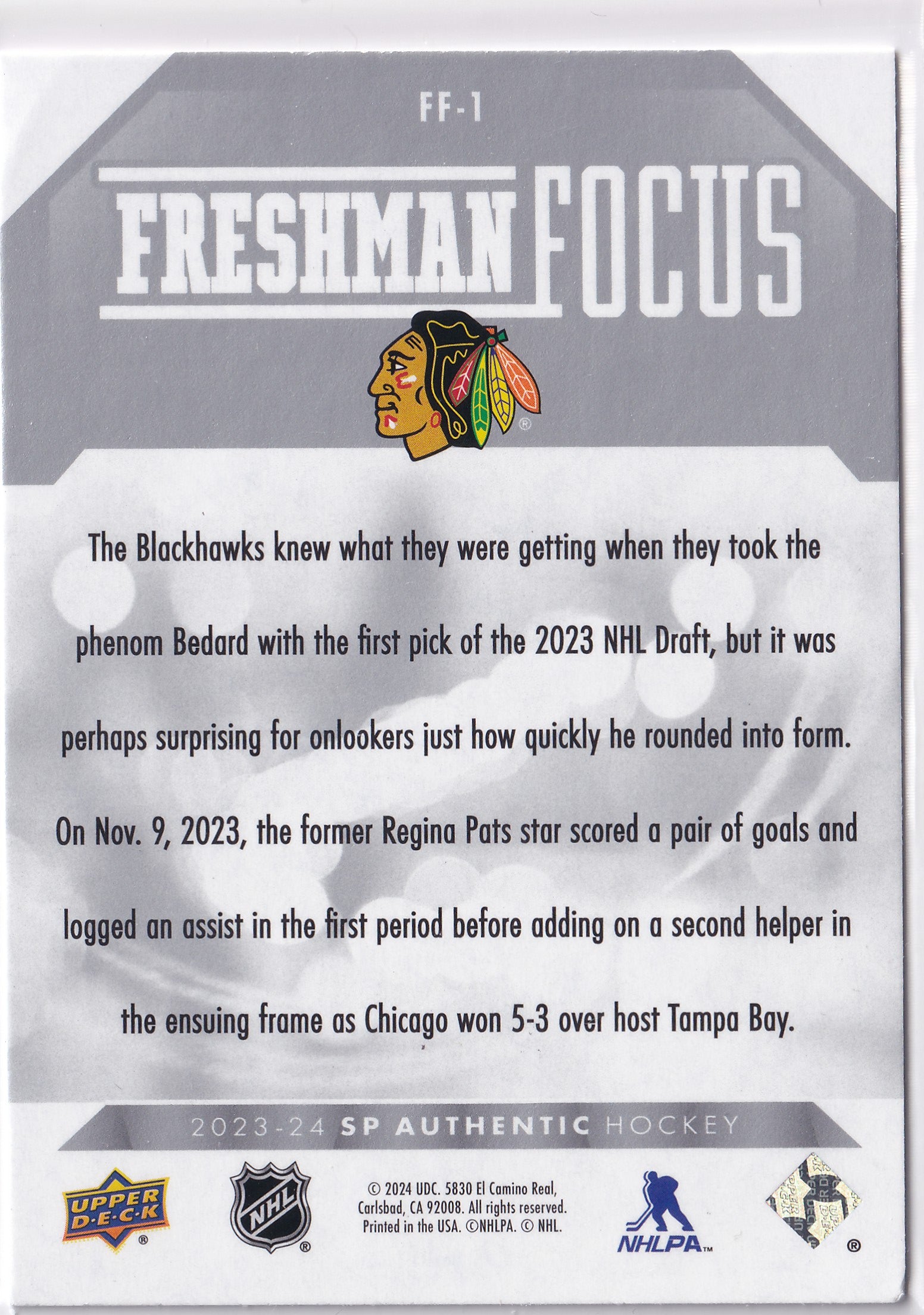 Connor Bedard 2023-24 SP Authentic Freshman Focus #FF-1 Chicago Blackhawks