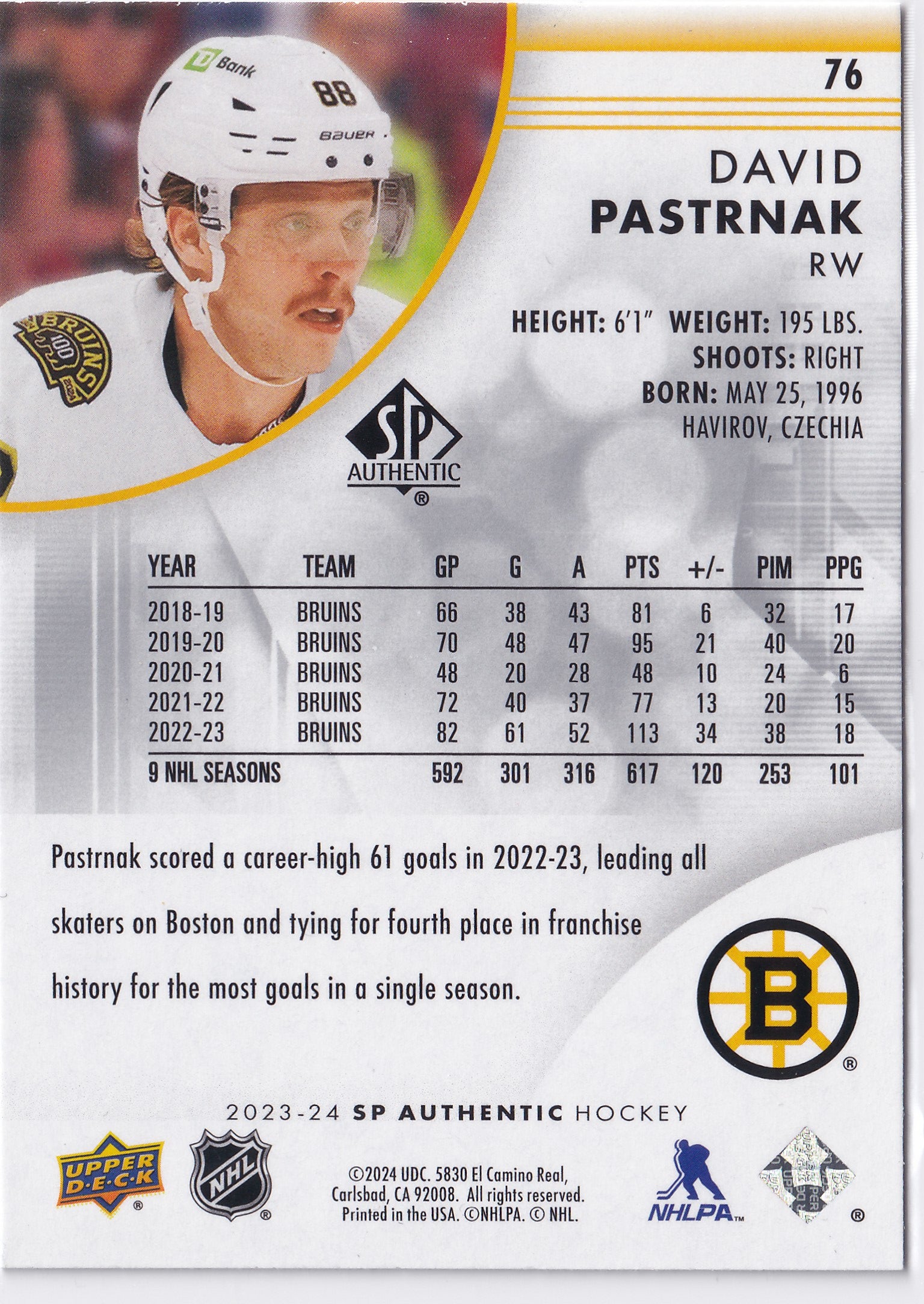 David Pastrnak 2023-24 SP Authentic #76 Boston Bruins