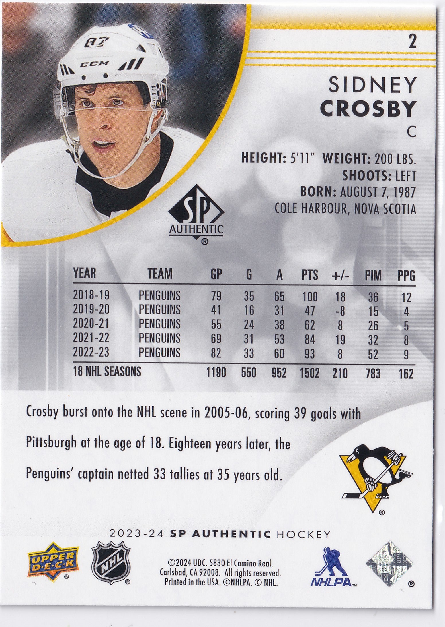 Sidney Crosby 2023-24 SP Authentic #2 Pittsburgh Penguins