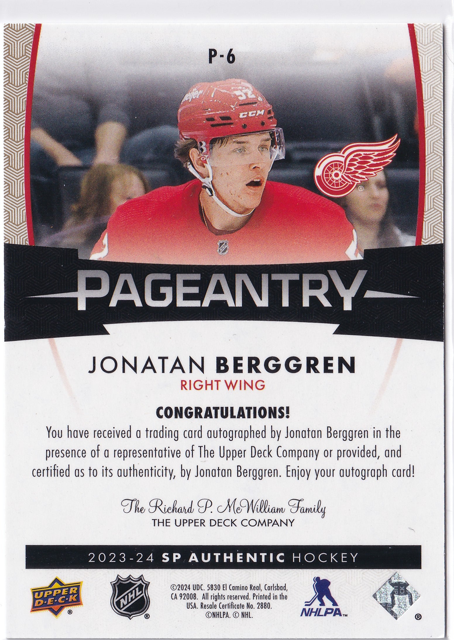 Jonatan Berggren 2023-24 SP Authentic Pageantry Autograph #P-6 Detroit Red Wings