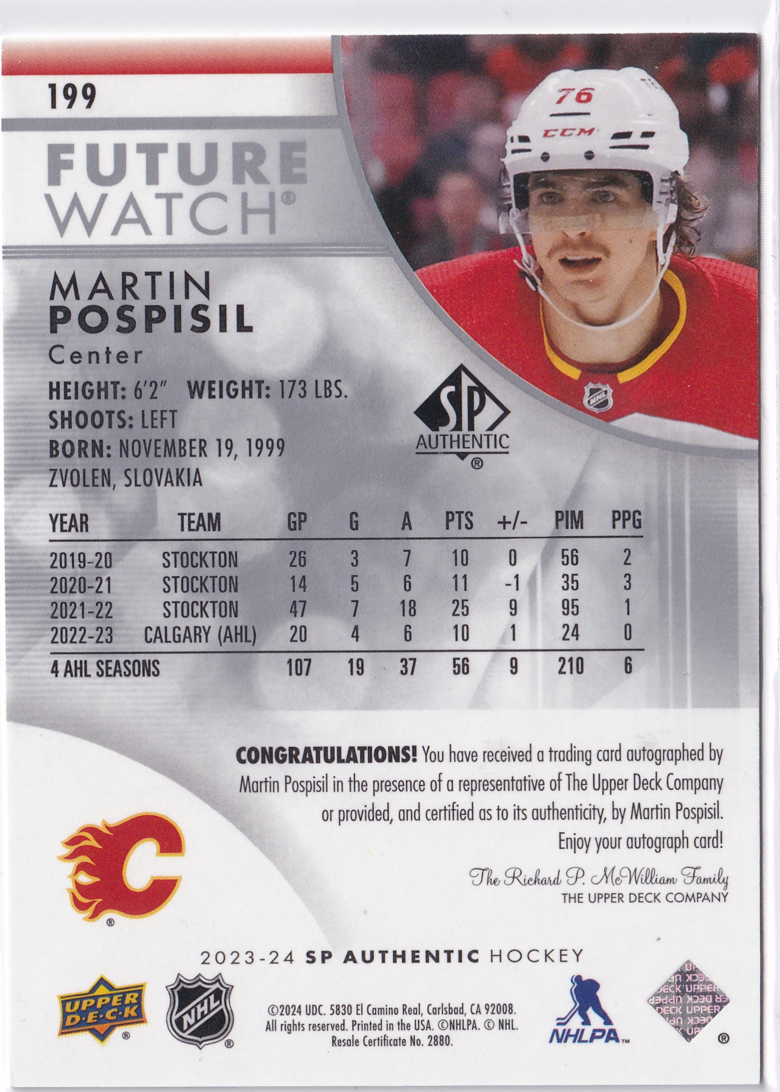 Martin Pospisil 2023-24 SP Authentic Future Watch Auto RC #199 /999