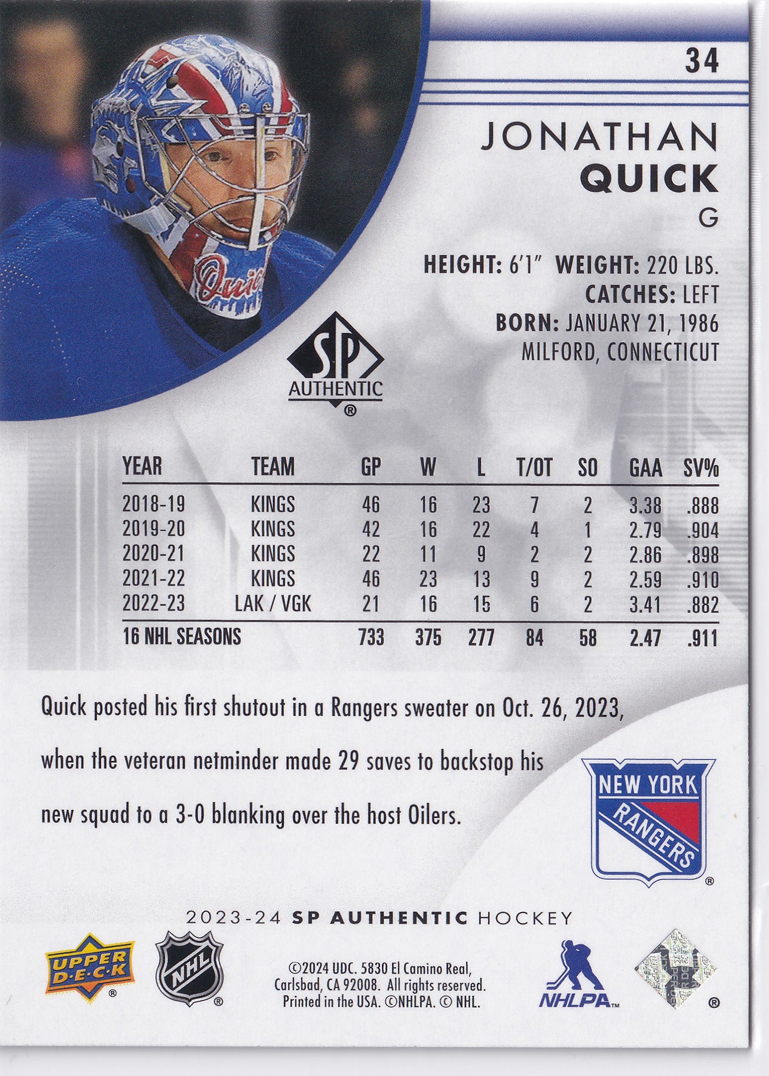 Jonathan Quick 2023-24 SP Authentic #34 New York Rangers