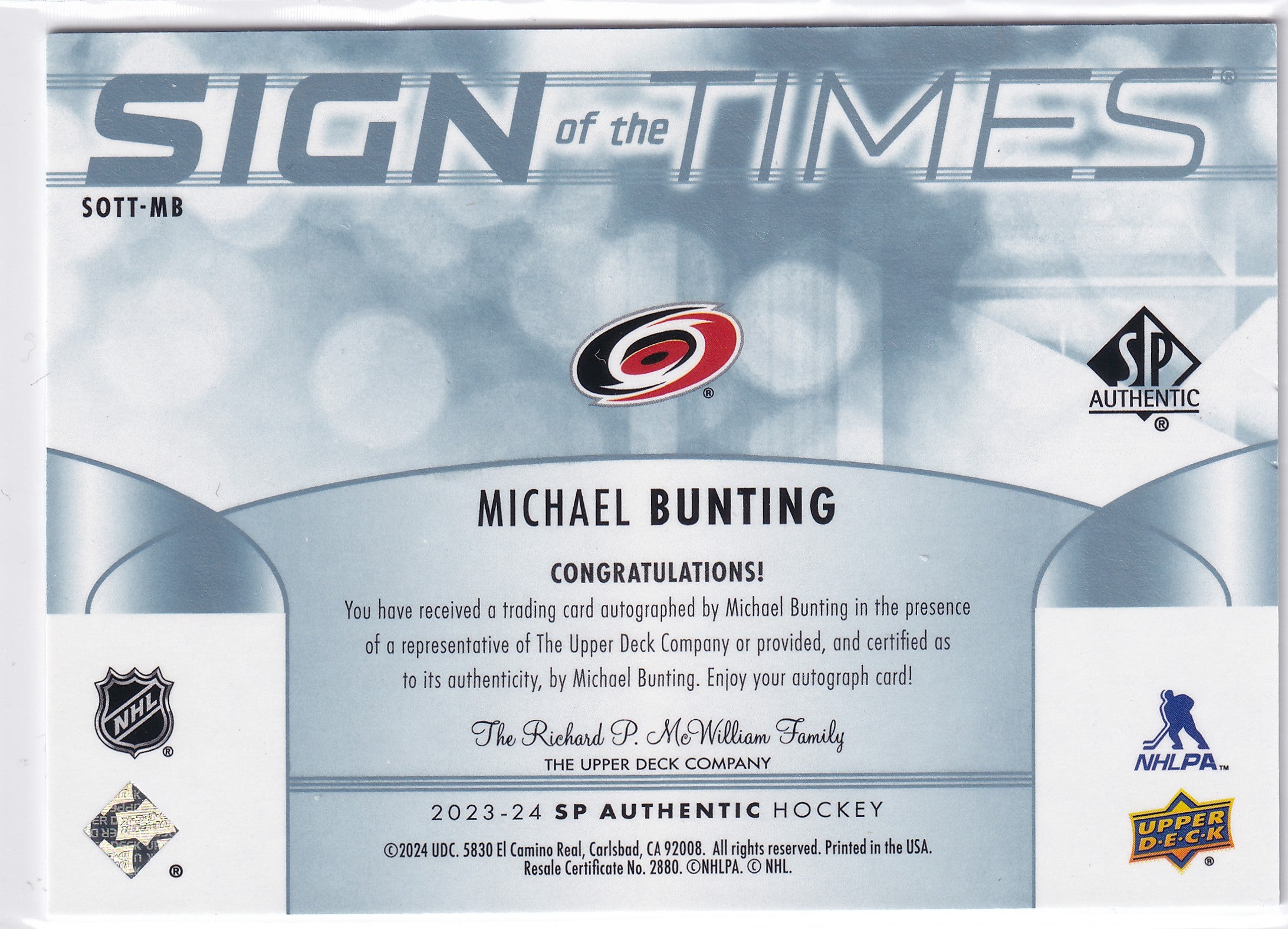 Michael Bunting 2023-24 SP Authentic Signs of the Times Auto Carolina Hurricanes