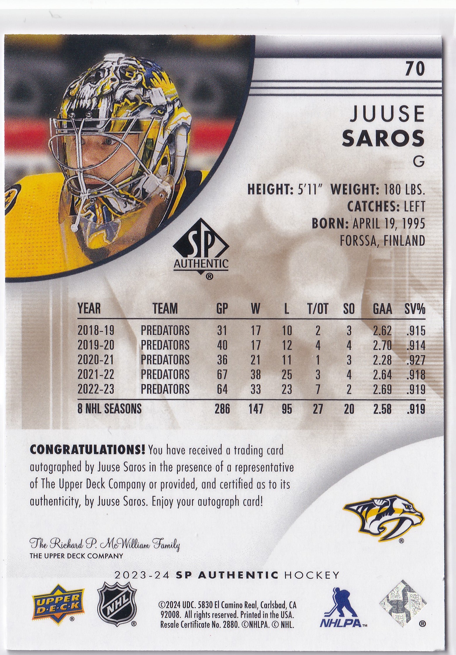 Juuse Saros 2023-24 SP Authentic Limited Auto #70 Nashville Predators