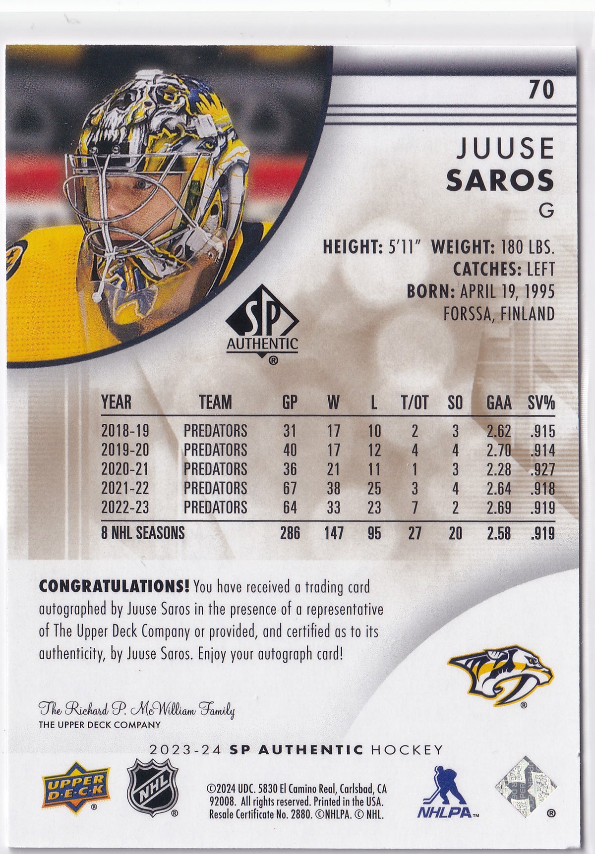 Juuse Saros 2023-24 SP Authentic Limited Auto #70 Nashville Predators