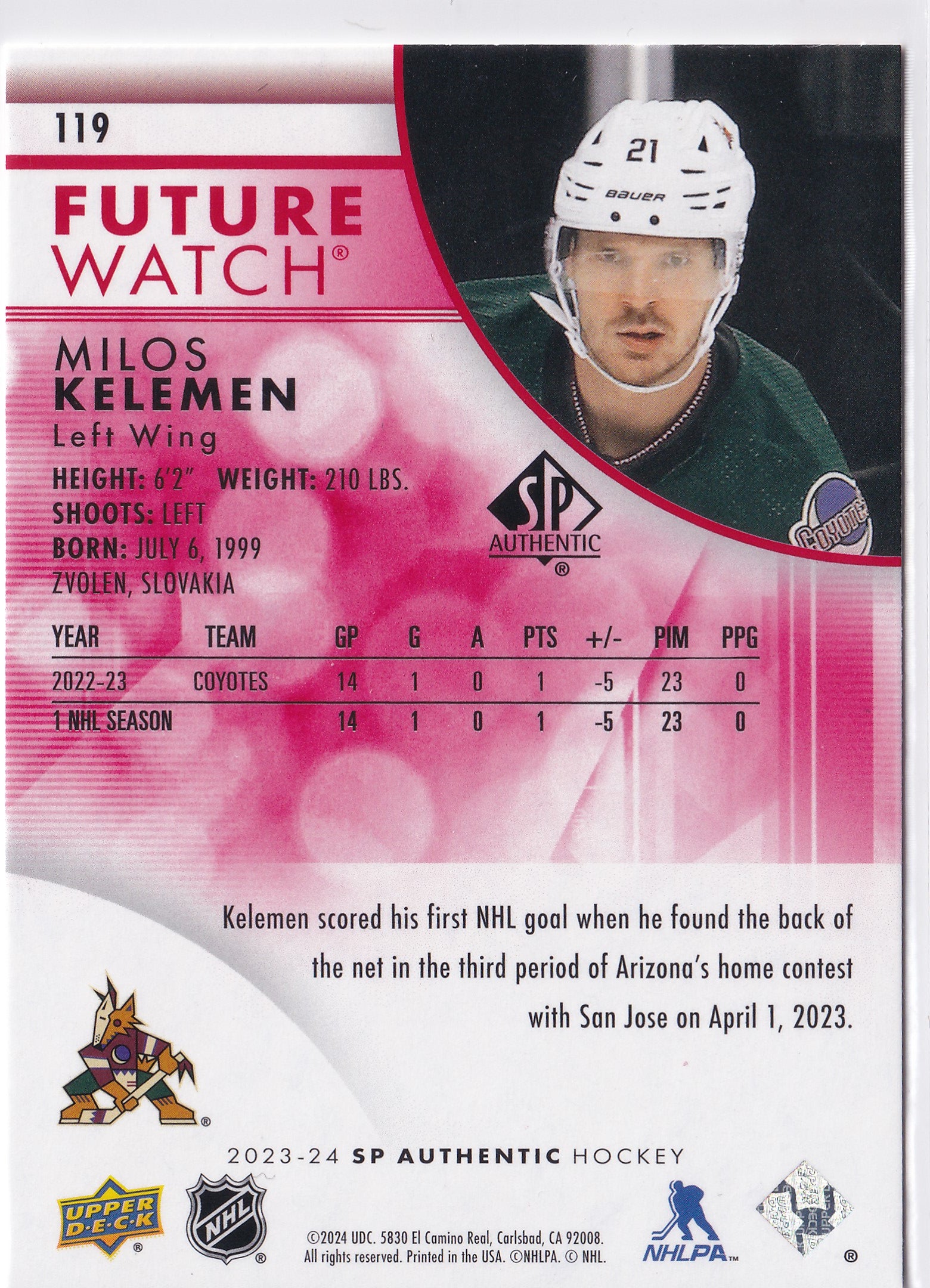 Milos Kelemen 2023-24 SP Authentic Future Watch Limited Red #119 Arizona Coyotes