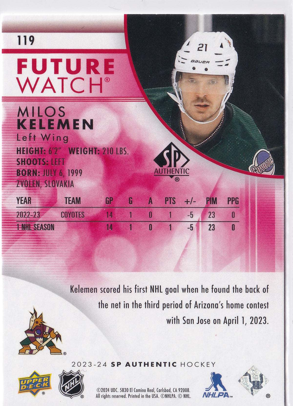 Milos Kelemen 2023-24 SP Authentic Future Watch Limited Red #119 Arizona Coyotes