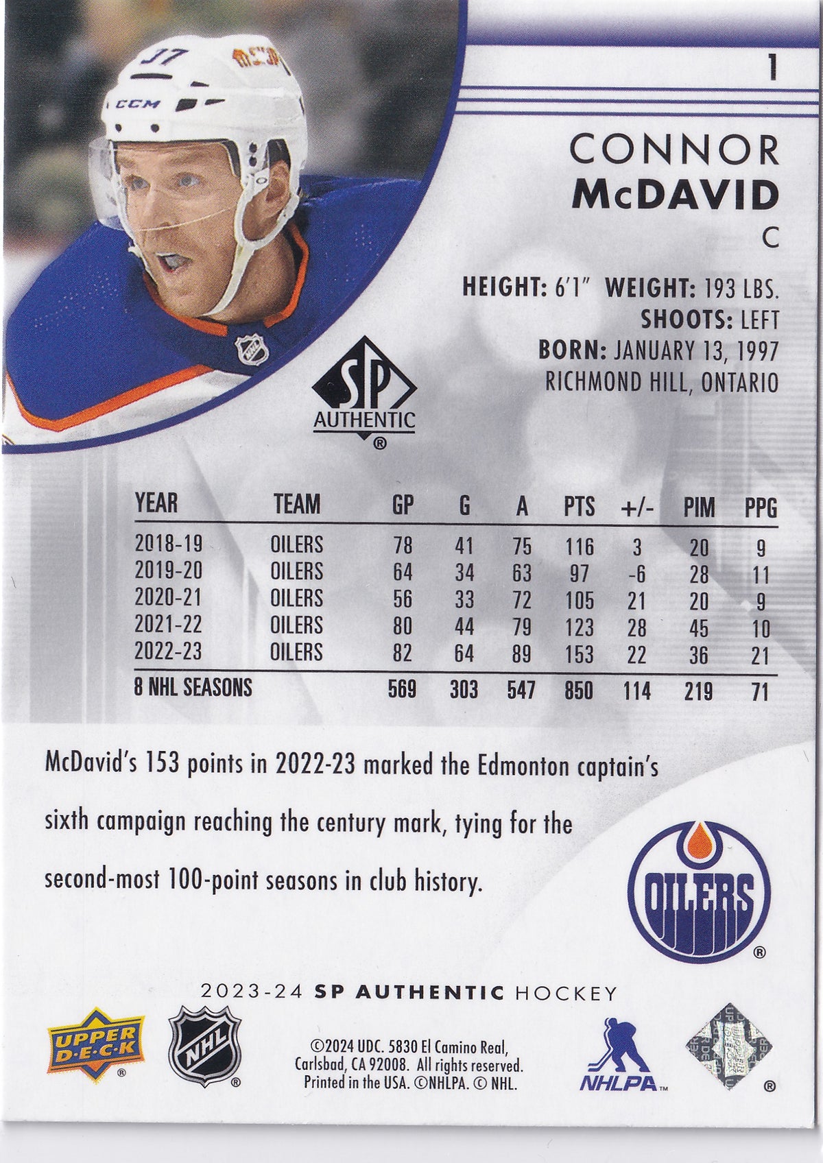 Connor McDavid 2023-24 SP Authentic #1 Edmonton Oilers