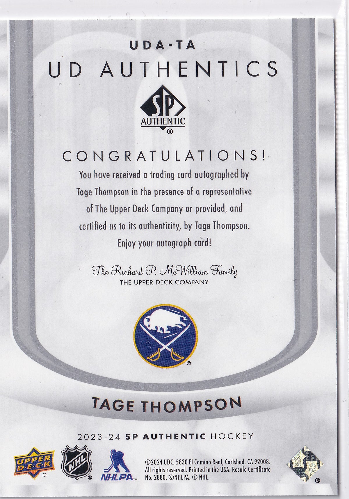 Tage Thompson 2023-24 SP Authentic UD Authentics Autographs UDA-TA Auto