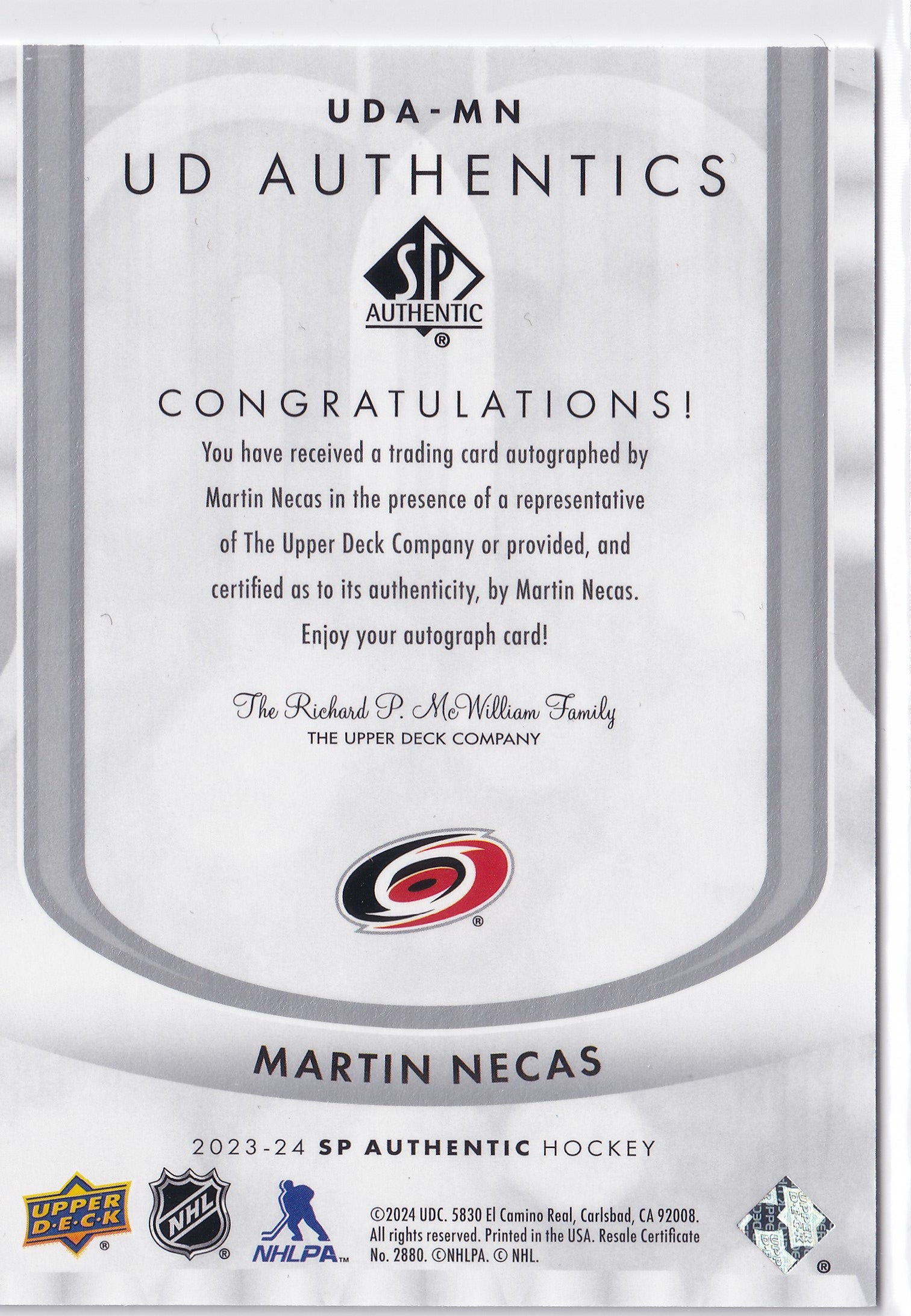Martin Nečas 2023-24 SP Authentic UD Authentics Autographs UDA-MN Auto