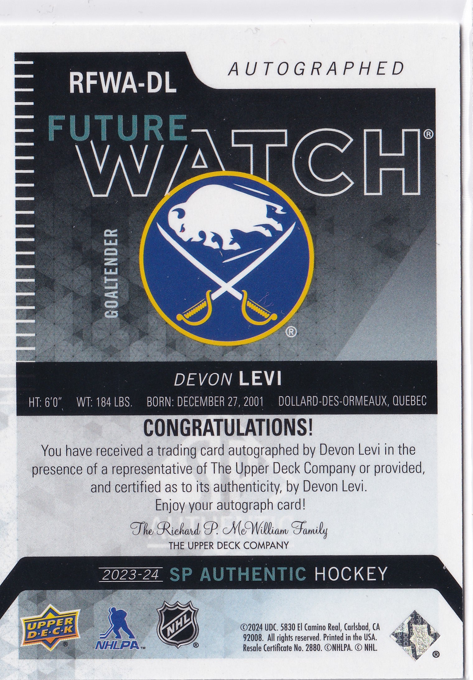 Devon Levi 2023-24 SP Authentic Future Watch Auto /199 Buffalo Sabres