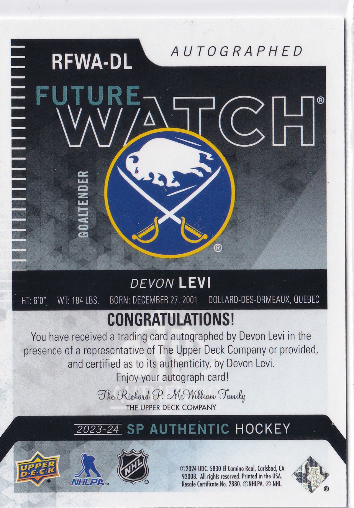 Devon Levi 2023-24 SP Authentic Future Watch Auto /199 Buffalo Sabres