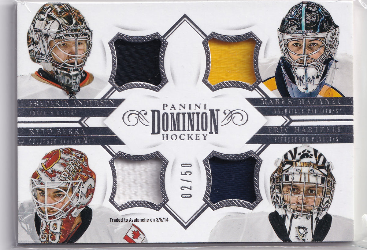 Frederik Andersen / Marek Mazanec / Reto Berra / Eric Hartzell – 2013-14 Panini Dominion Quad Jerseys /50