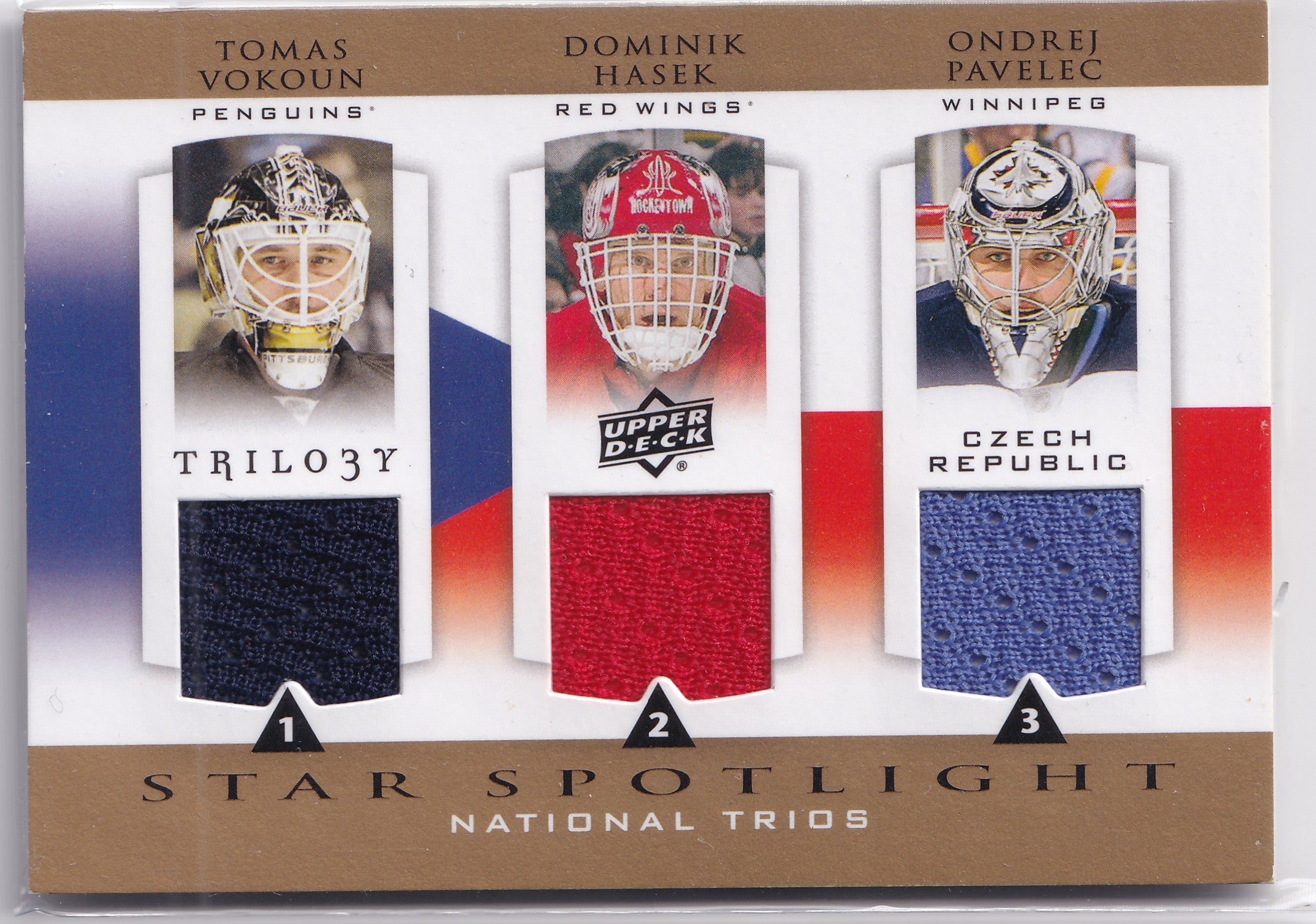Tomáš Vokoun / Dominik Hašek / Ondřej Pavelec 2013-14 Upper Deck Trilogy Star Spotlight Triple Jersey #CZR-NET