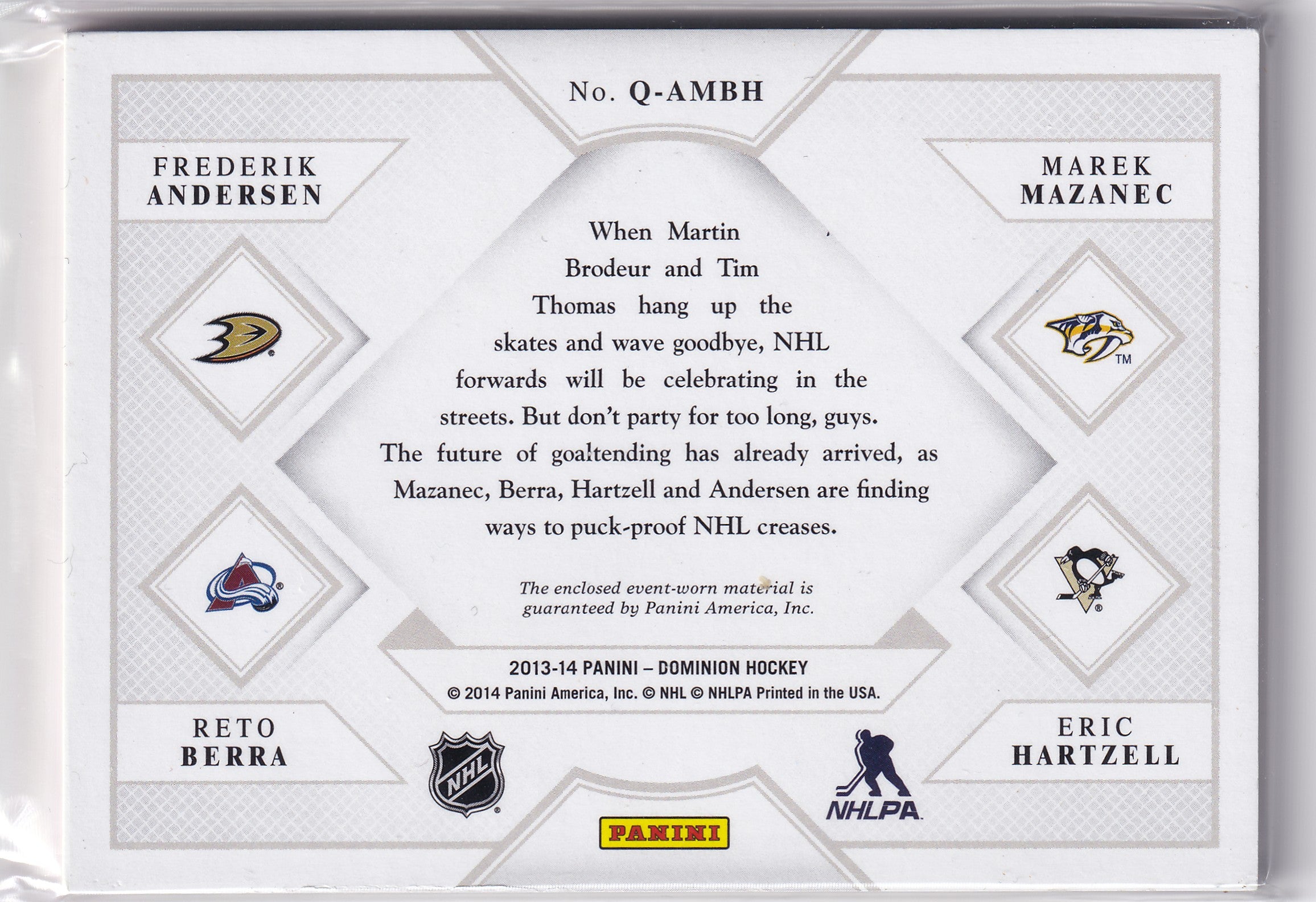 Frederik Andersen / Marek Mazanec / Reto Berra / Eric Hartzell – 2013-14 Panini Dominion Quad Jerseys /50
