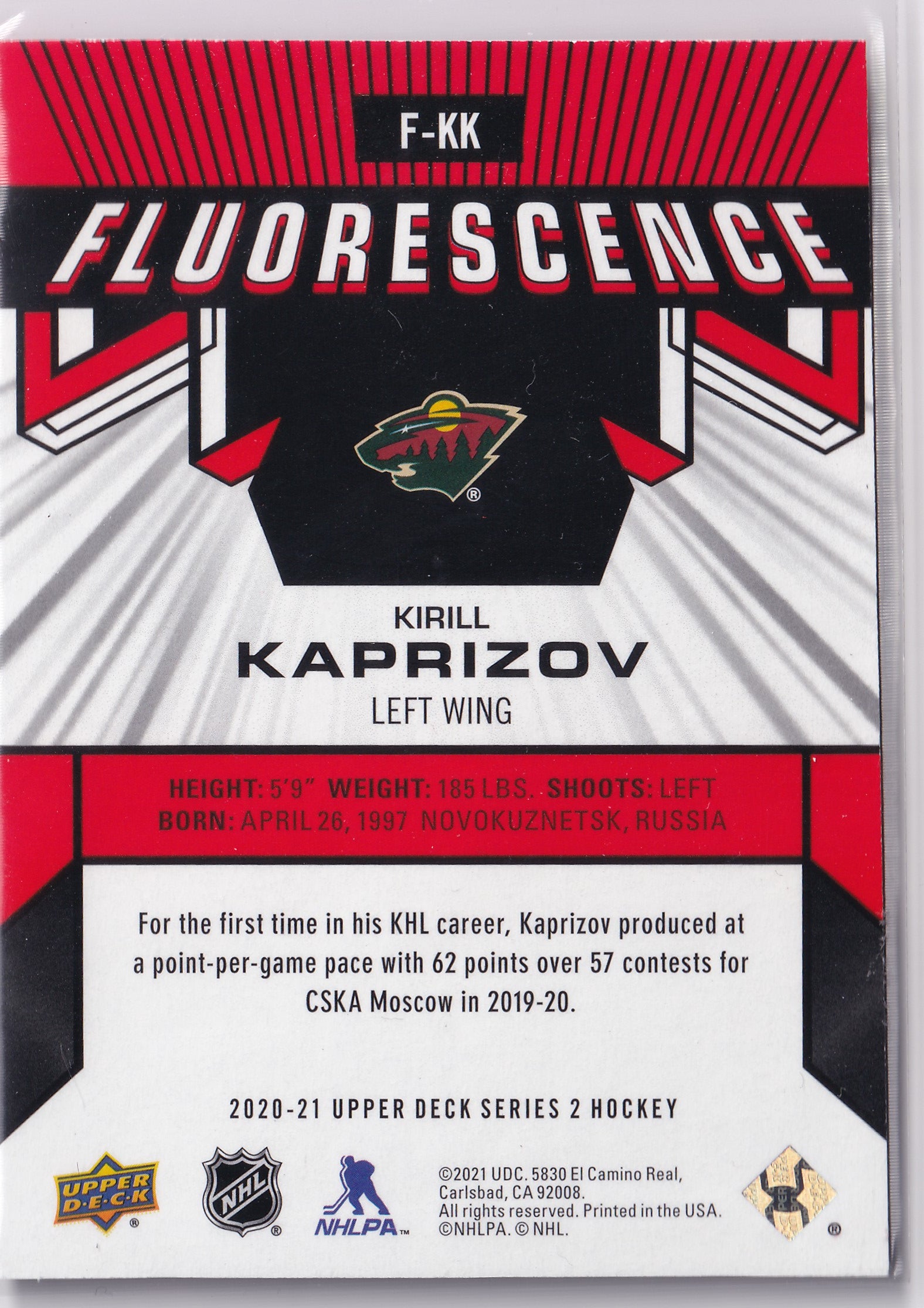 Kirill Kaprizov 2020-21 Upper Deck Series 2 Fluorescence Red RC #F-KK