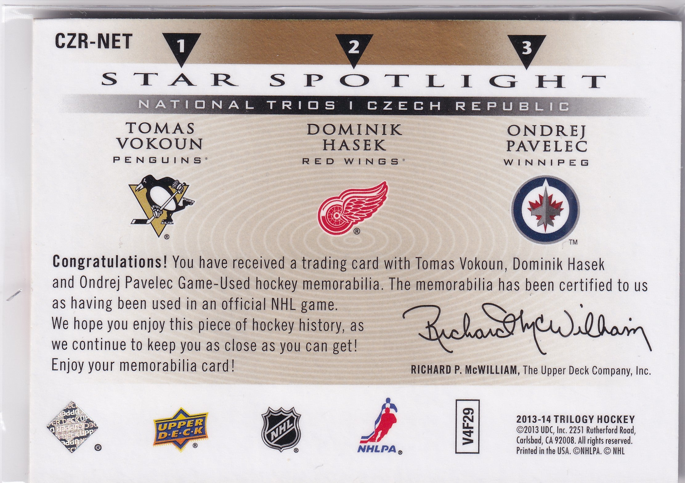 Tomáš Vokoun / Dominik Hašek / Ondřej Pavelec 2013-14 Upper Deck Trilogy Star Spotlight Triple Jersey #CZR-NET