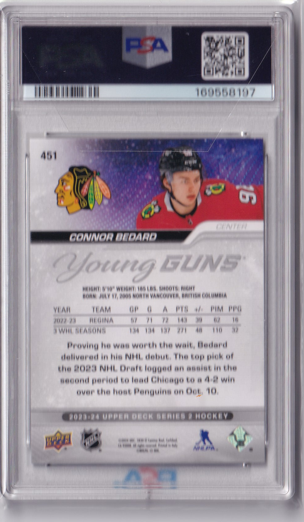 Connor Bedard 2023-24 Upper Deck Series 2 Young Guns #451 PSA 10