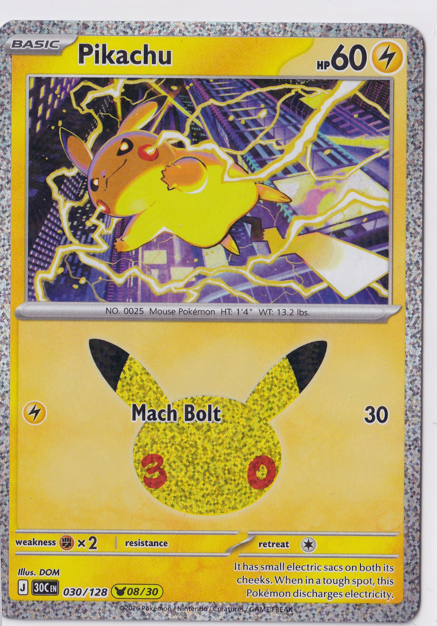 Pikachu 030/128 – 08/30 – 30th Celebration – Holo Rare – EN