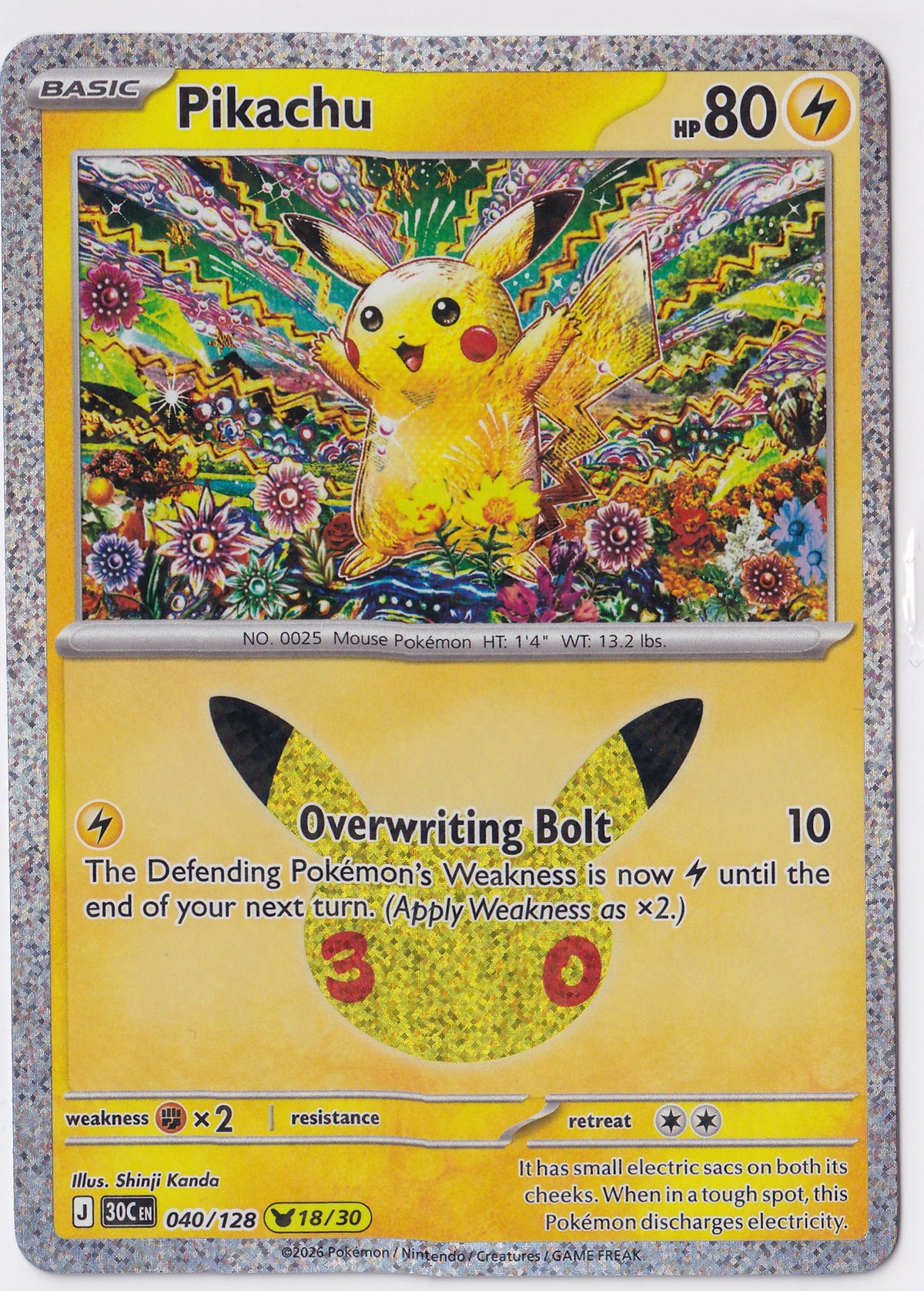 Pikachu 040/128 – 18/30 – 30th Celebration – Holo Rare – EN