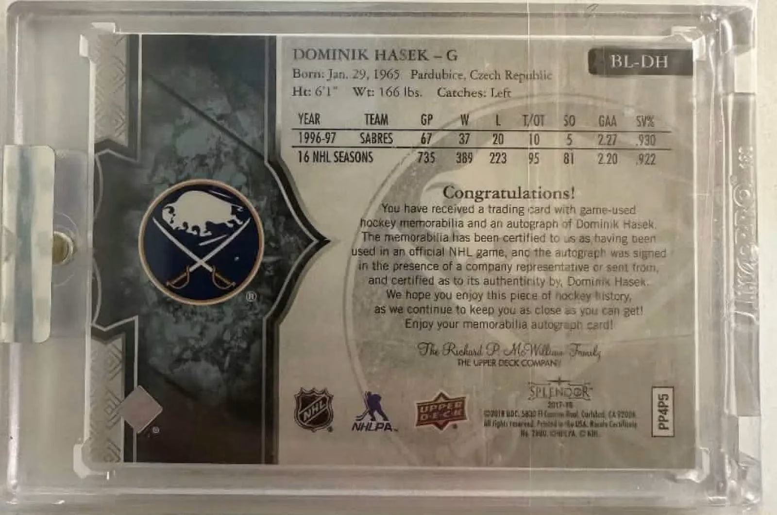 Dominik Hašek 2017-18 Upper Deck Splendor Borderless Auto Leg Pad #BL-DH 36/36