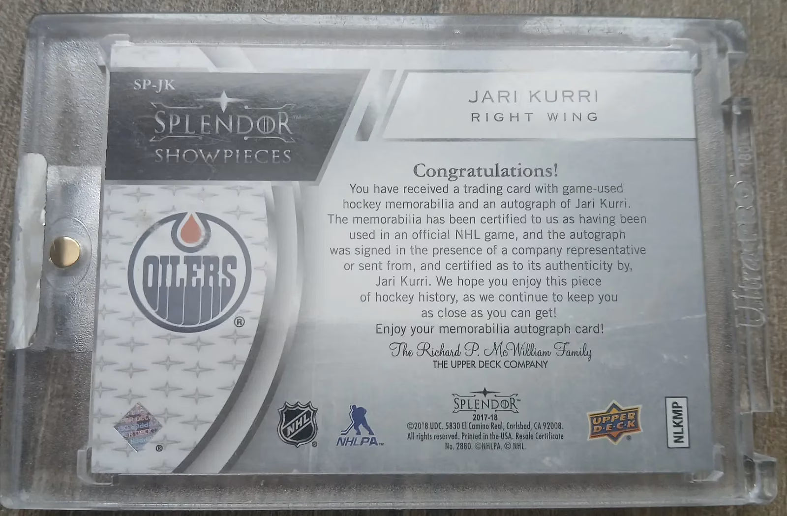 Jari Kurri 2017-18 Upper Deck Splendor Showpieces Blue Auto Stick #SP-JK 02/15