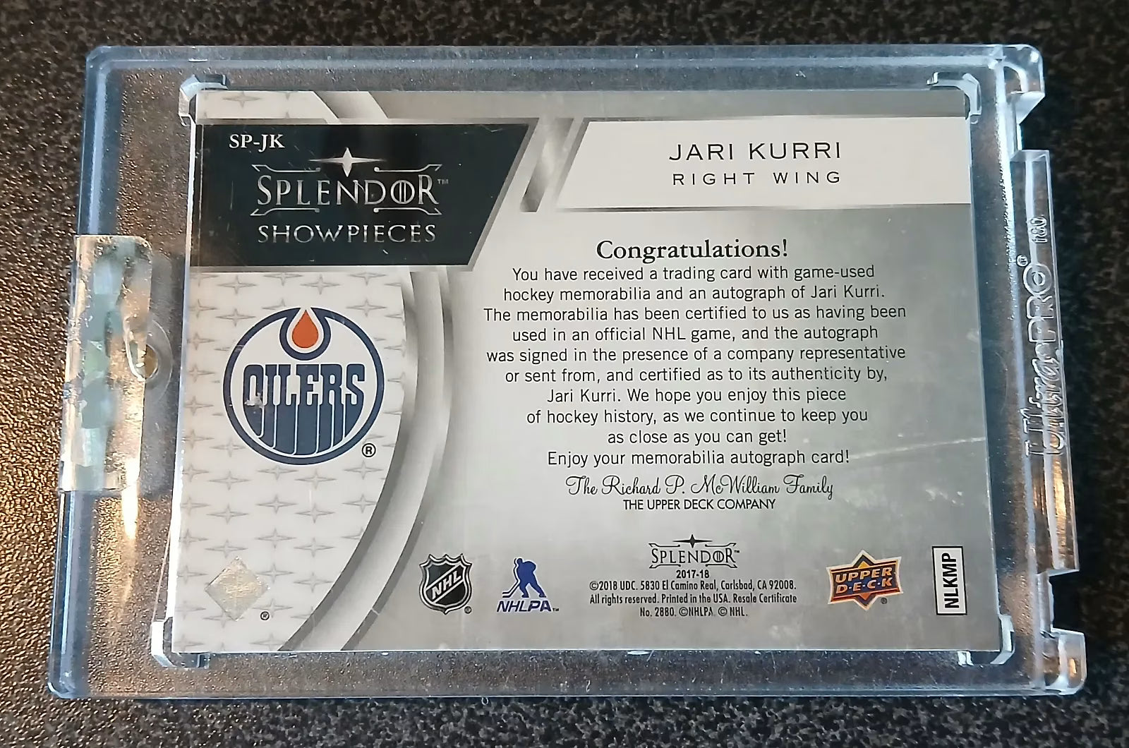 Jari Kurri 2017-18 Upper Deck Splendor Showpieces Blue Auto Stick #SP-JK 10/15