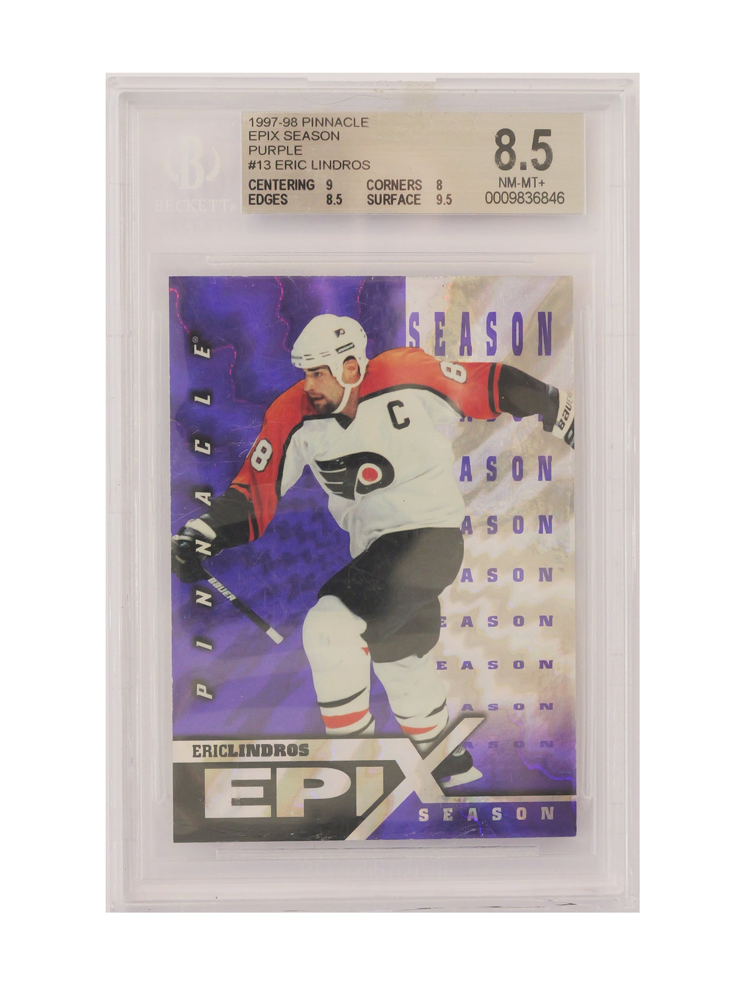 Eric Lindros – 1997–98 Pinnacle Epix Season Purple #13 – BGS 8.5