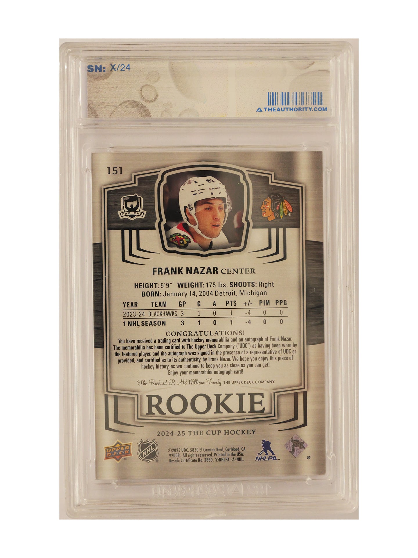 Frank Nazar 2024–25 Upper Deck The Cup Gold Foil Rookie Auto Patch #151 /24